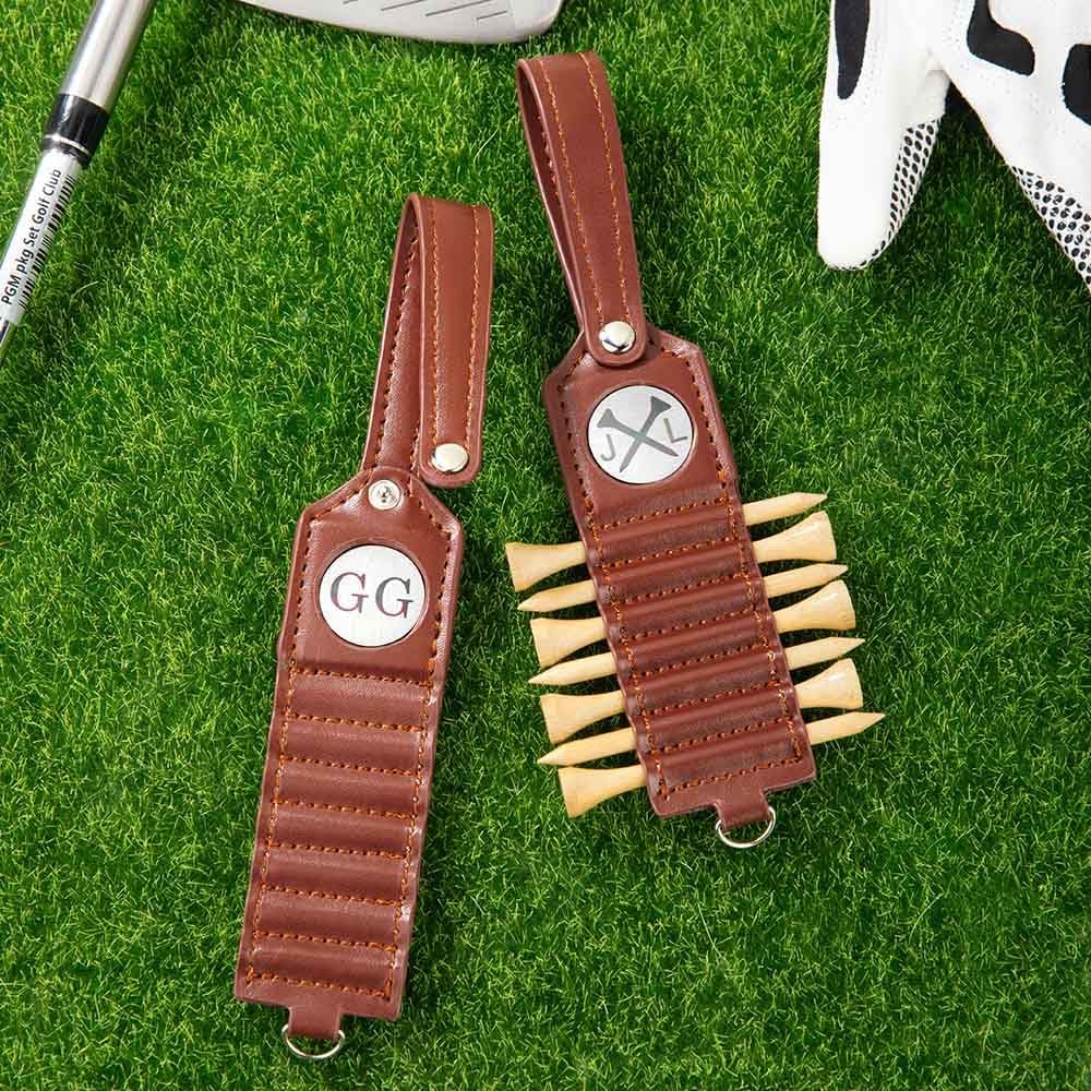 Personalized Golf Tee Holder, Leather Custom Monogram Name Golf Bag Accessory, 3 Colors Gifts for Men Women Dad Mother
