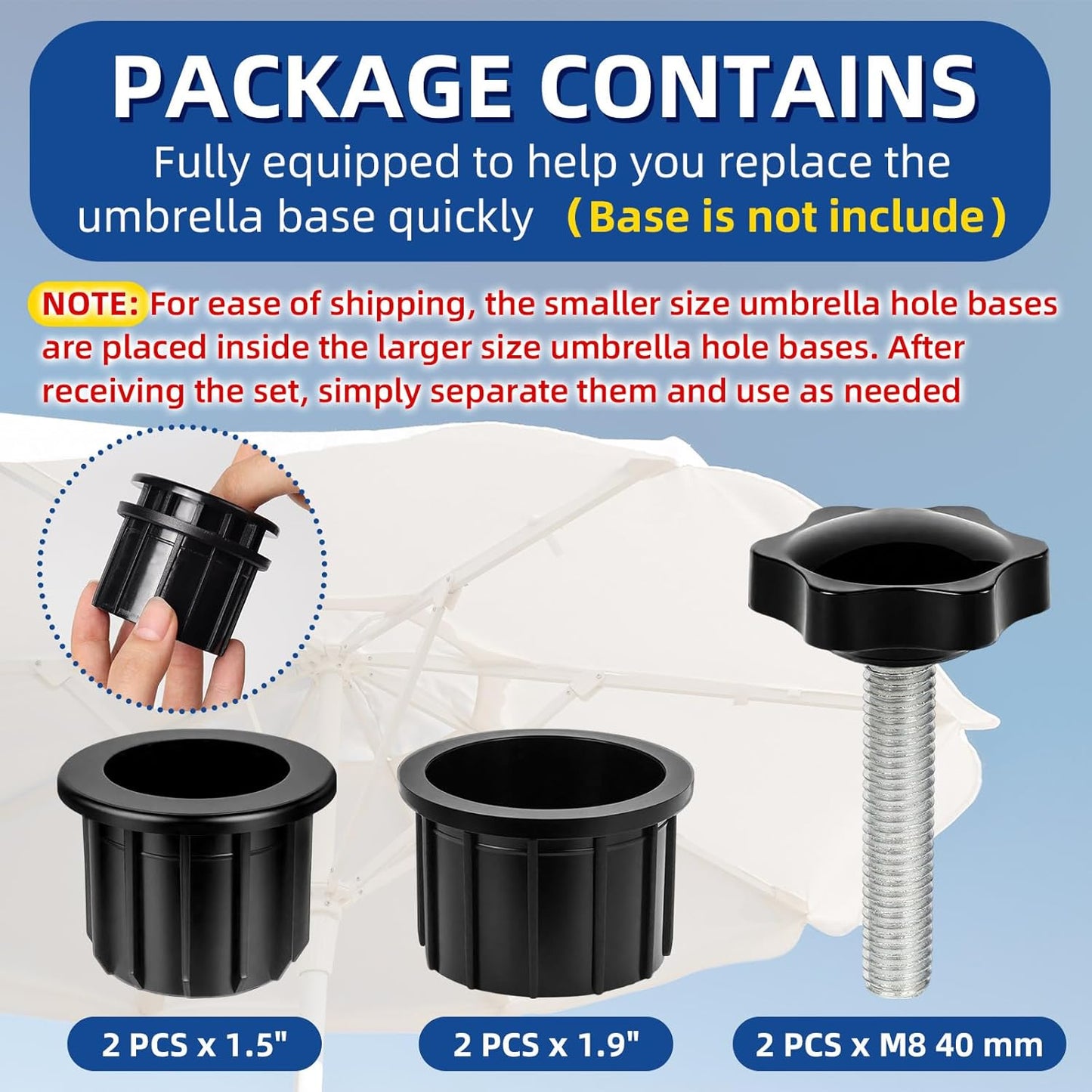 6 Pieces Set Outdoor Patio Umbrella Base Stand, Hole Ring Plug Cover and Cap Umbrella Replacement Parts with M8 Thread Replacement Hand Knob Threaded Pipe Sleeve for Outdoor Spaces, Black