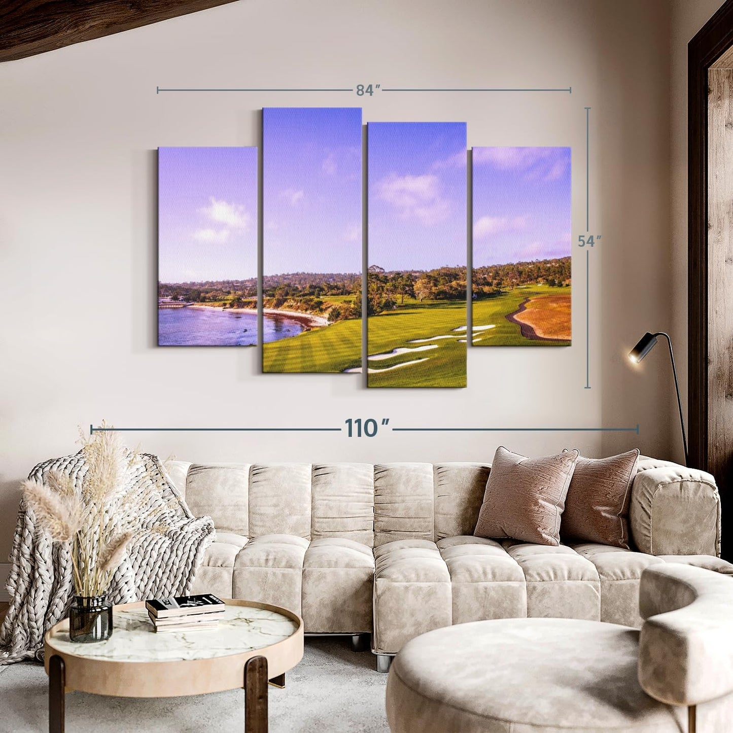 Elephant Stock Coastline Green Golf Course Wall Art - Horizontal Canvas - 4-Piece Living Room Wall Decor - Photography Sports Canvas Print - Blue and Gray Decor for Wall - 84" X 54"