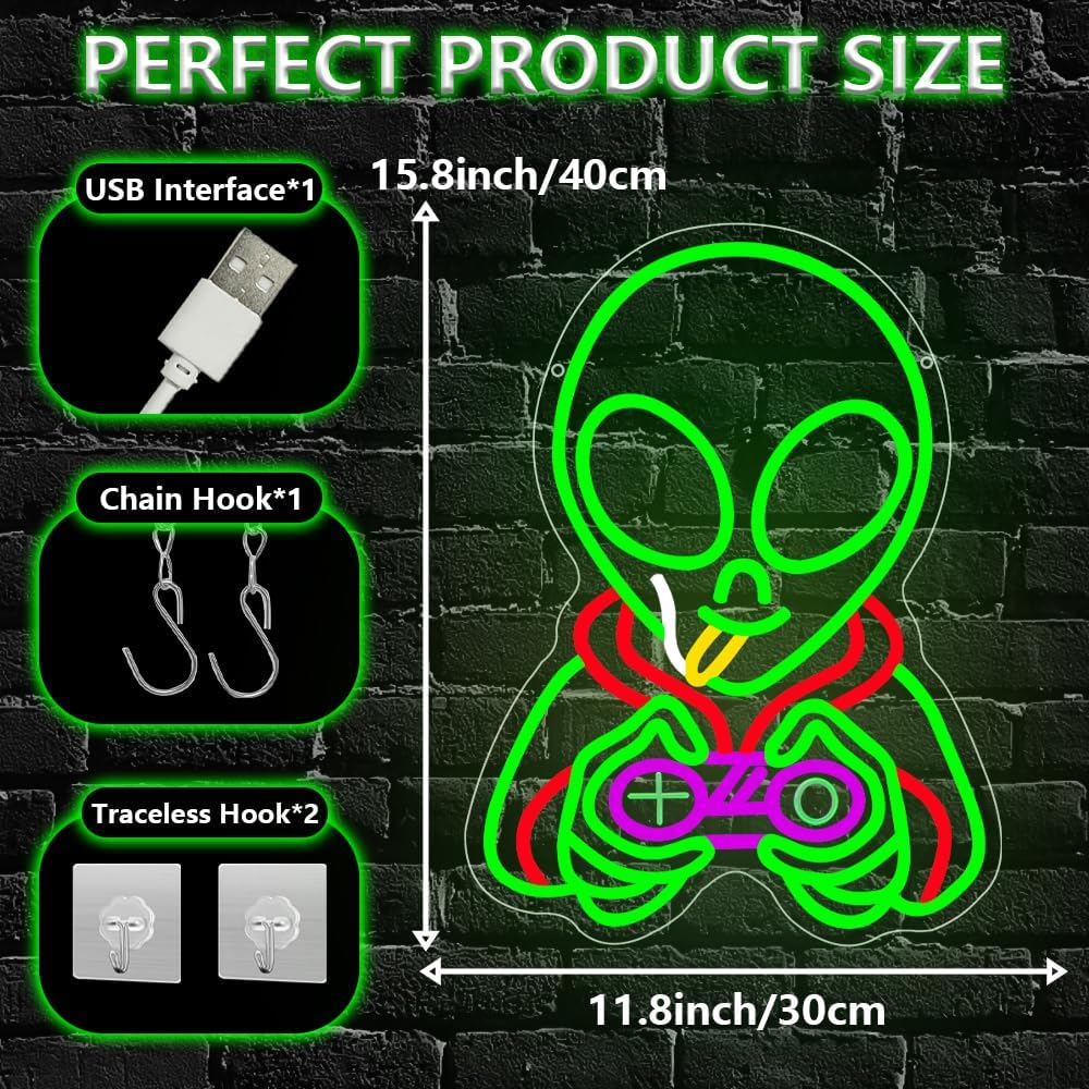 Green Alien Gamr Neon Sign,Gaming Dimmable LED Light Signs for Wall Art Decor,Game Room Backdrop for Bar Bedroom Club Party Man Cave,Alien Gift for Boys Teen Men USB Powered（ 15.8"* 11.9"）
