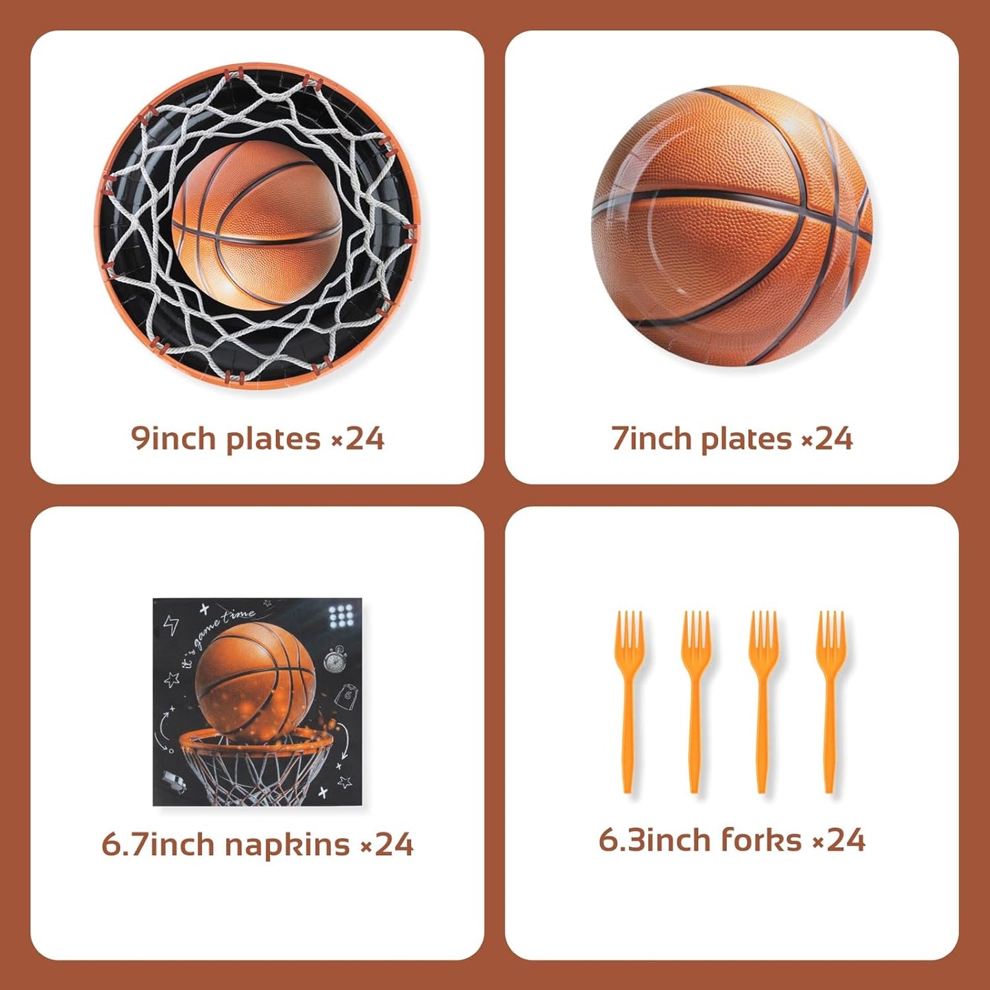 96Pcs Basketball Party Decorations | Serve 24 - Basketball Theme Birthday Party Tableware Set Includes Plates, Forks, Napkins, Supplies for Kids Boys Sport Party Decor