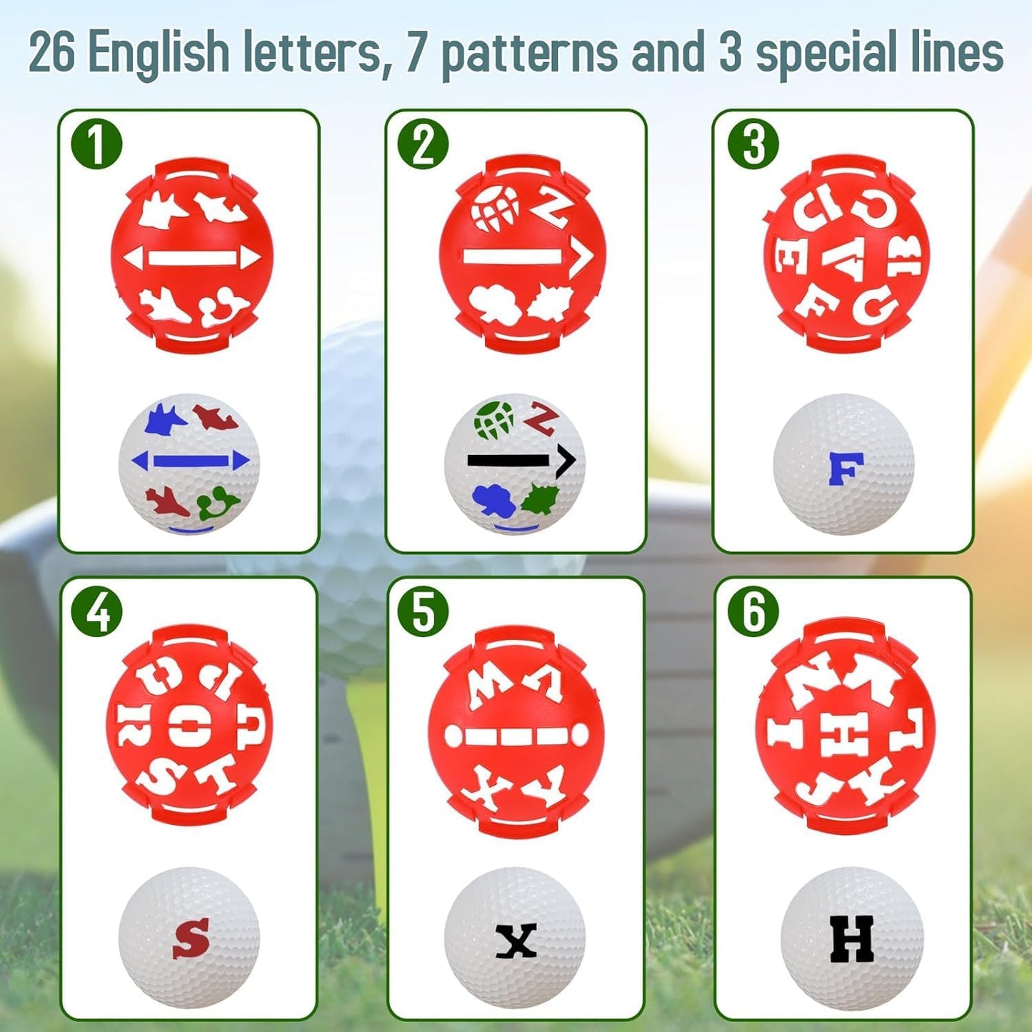 Golf Ball Marker, 6× Letter Stencils Kit, 2× Ball Markers Stencils, 3× Color Line Markers Pens, Golf Ball Marking Alignment Tool Kit