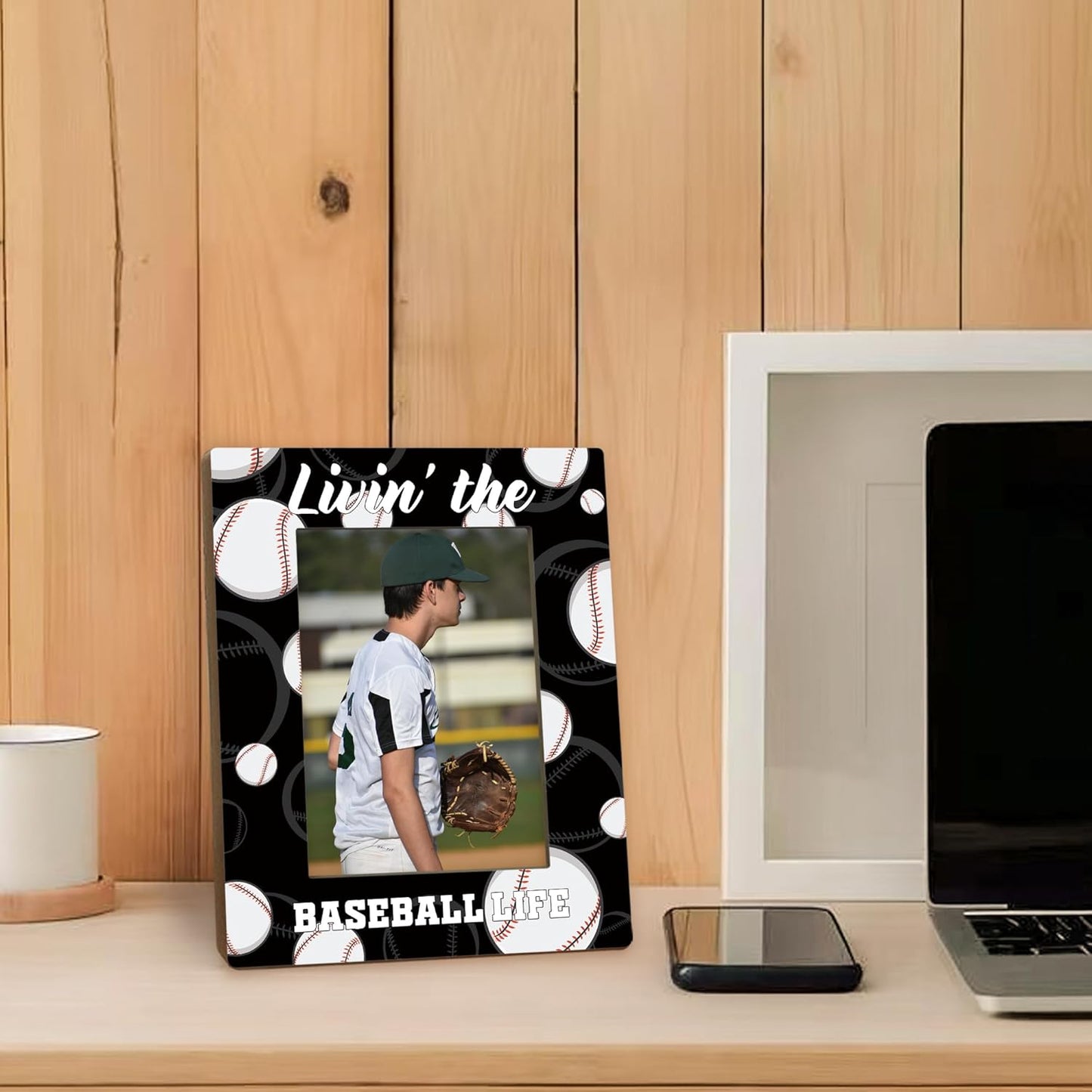 Baseball Picture Frame 5x7, Base Ball Lover Gifts Photo Frame, Base Ball Gifts for Men Boys BaseballPlayers, Livin'the Baseball Life Sport Wooden Picture Photo Frames for Desk Home Room Decor