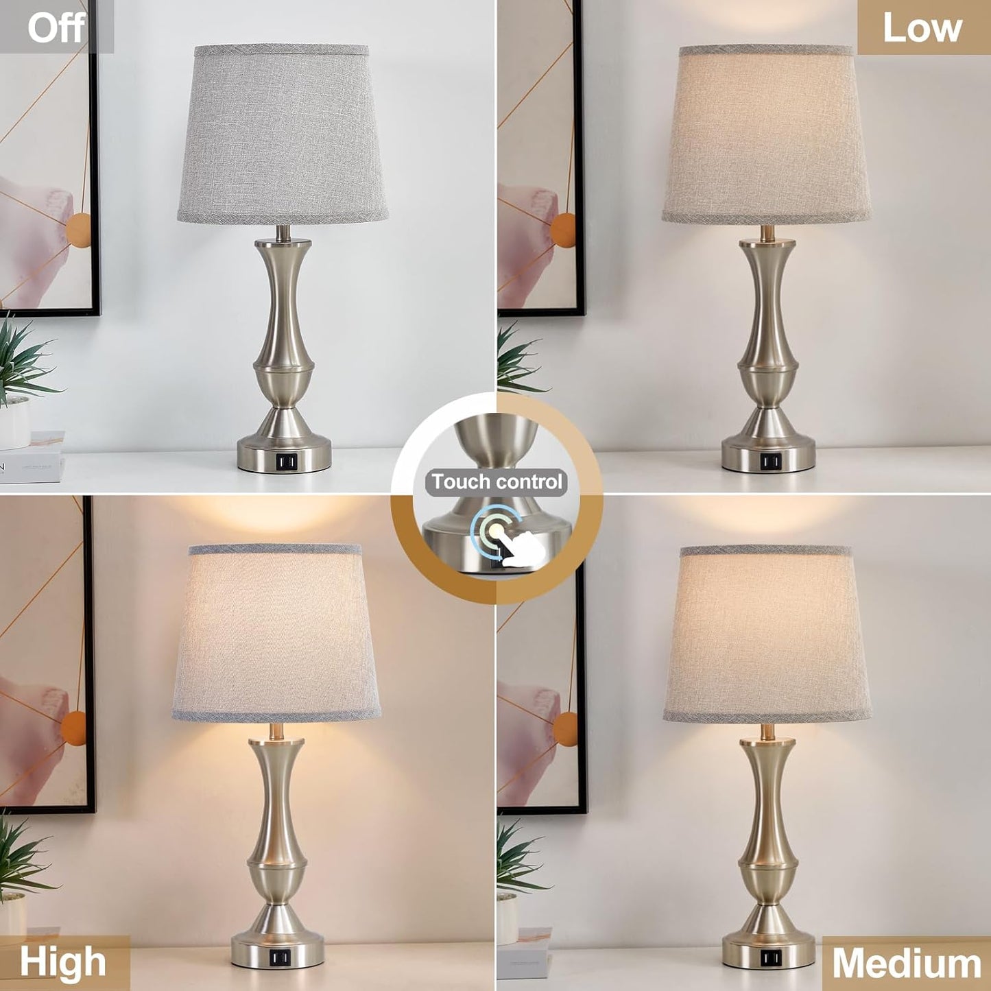 Touch Table Lamps Set of 2, 22" Tall Bedside Lamps, Nightstand Lamps with USB C+A Charging Ports, 3 Way Dimmable Lamp for Bedrooms, Living Room, Office, Silver Lamp with Grey Lampshade, Bulbs Included