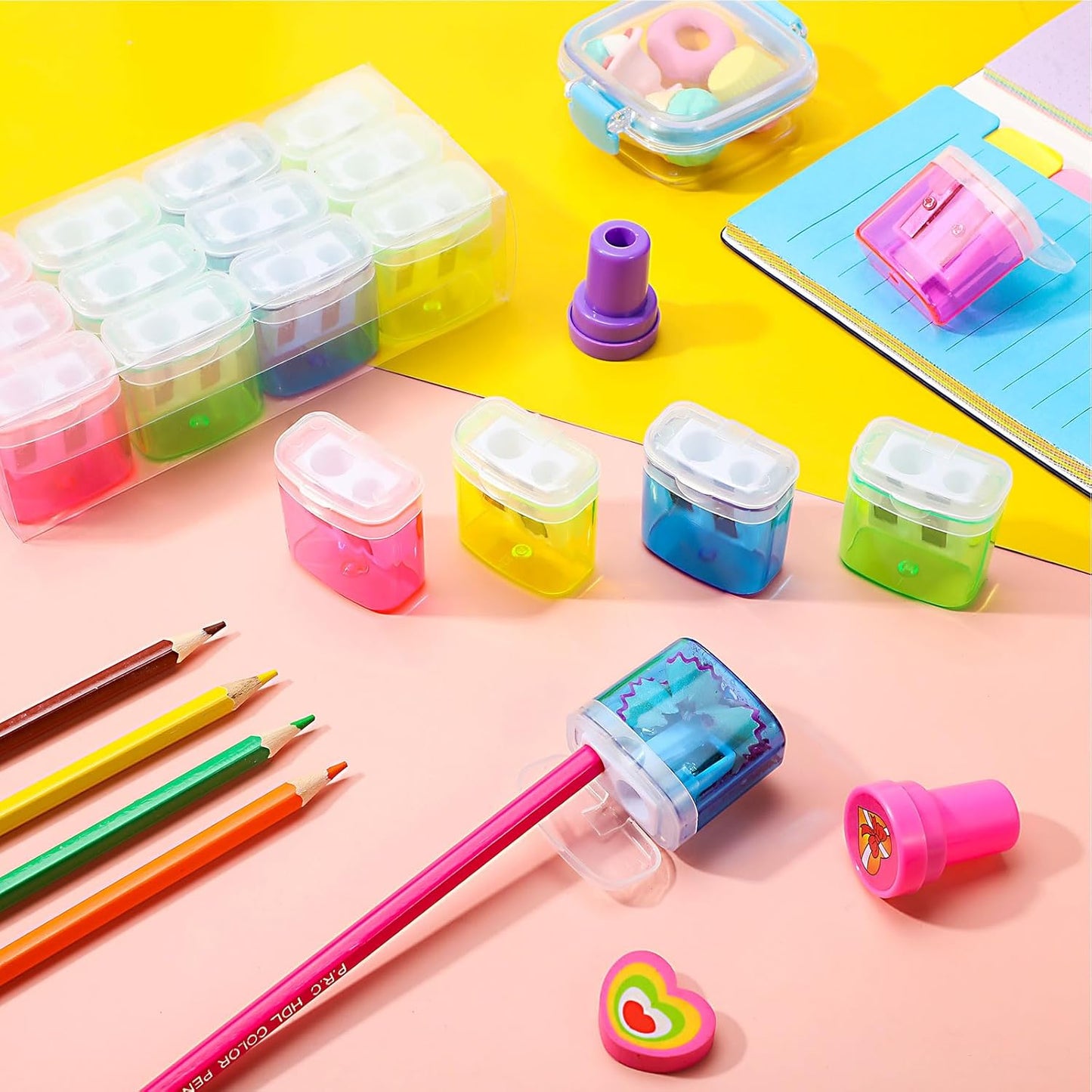 Teling 180 Pcs Manual Pencil Sharpeners Bulk Handheld Dual Holes Pencil Sharpeners for Kids Colorful Portable Compact Sharpener with Lid for Students School Class Home Office Supply