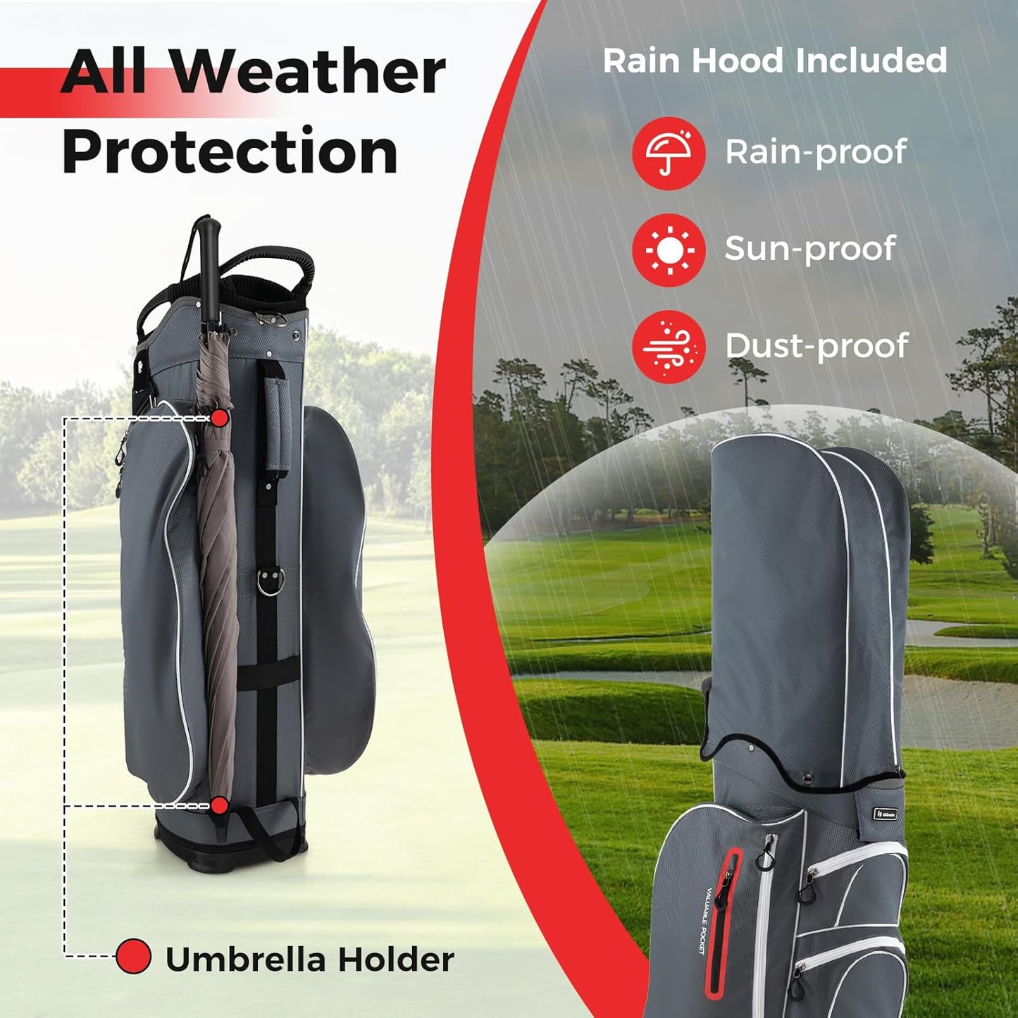 ULTIMATE Golf Cart Bag w/ 15-Way Top Dividers, Lightweight Portable Golf Club Bag w/Individual Putter Holder, 7 Pockets, Cooler Bag, Rain Hood, Umbrella Holder, Padded Shoulder Strap & Handle