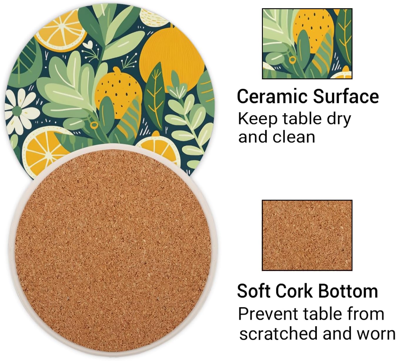 Ceramic Coasters for Drinks with Cork Back, Citrus Greenery 4 Inch Absorbent Coaster Set 2 Pack, Quick Dry Non-Slip Coaster Mats for Home, Office, Bar
