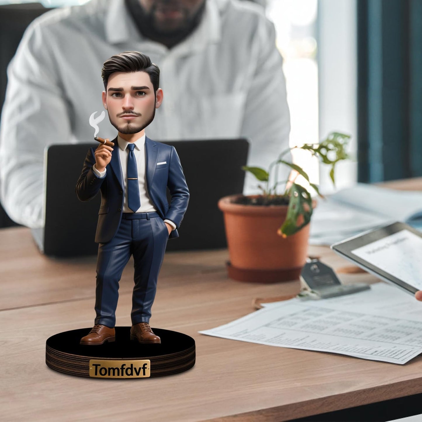Personalized Cartoon Face Photo Gentleman Desktop Ornament Custom Name Funny Acrylic Office Desk Decor Gift For Businessman Boss Family Birthday Xmas Anniversary (style 1)