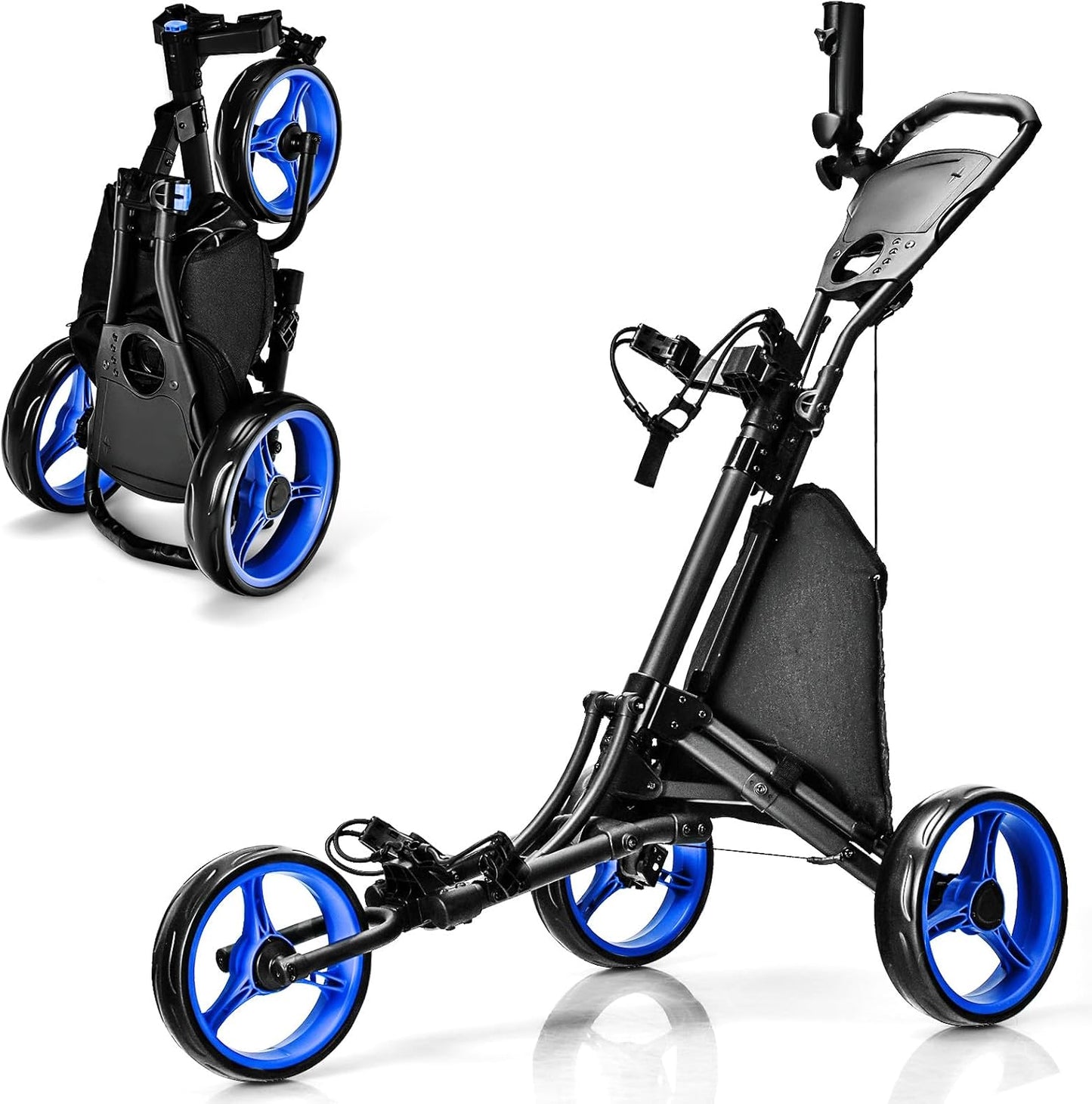 ULTIMATE 3 Wheel Golf Push Cart, Aluminum Folding Golf Walking Push Cart w/Elastic Strap, Umbrella & Cup Holder, Scoreboard Storage, Insulated Storage Bag, Adjustable Handle & Foot Brake