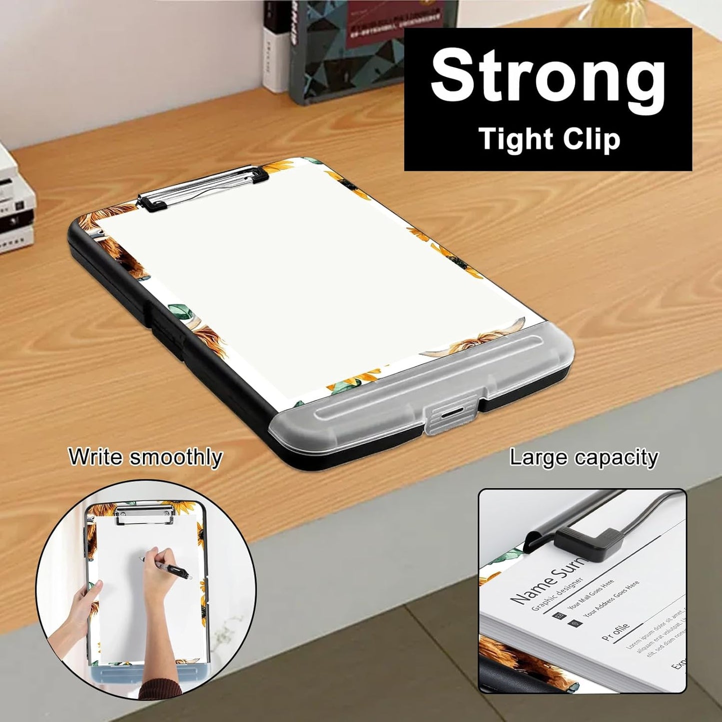 Clipboard with Storage - Large Capacity,Nursing Clipboard with Pen Holder,Heavy Duty,Plastic Side-Opening Folder for Teacher,Nurse - Sunflower Highland Cow