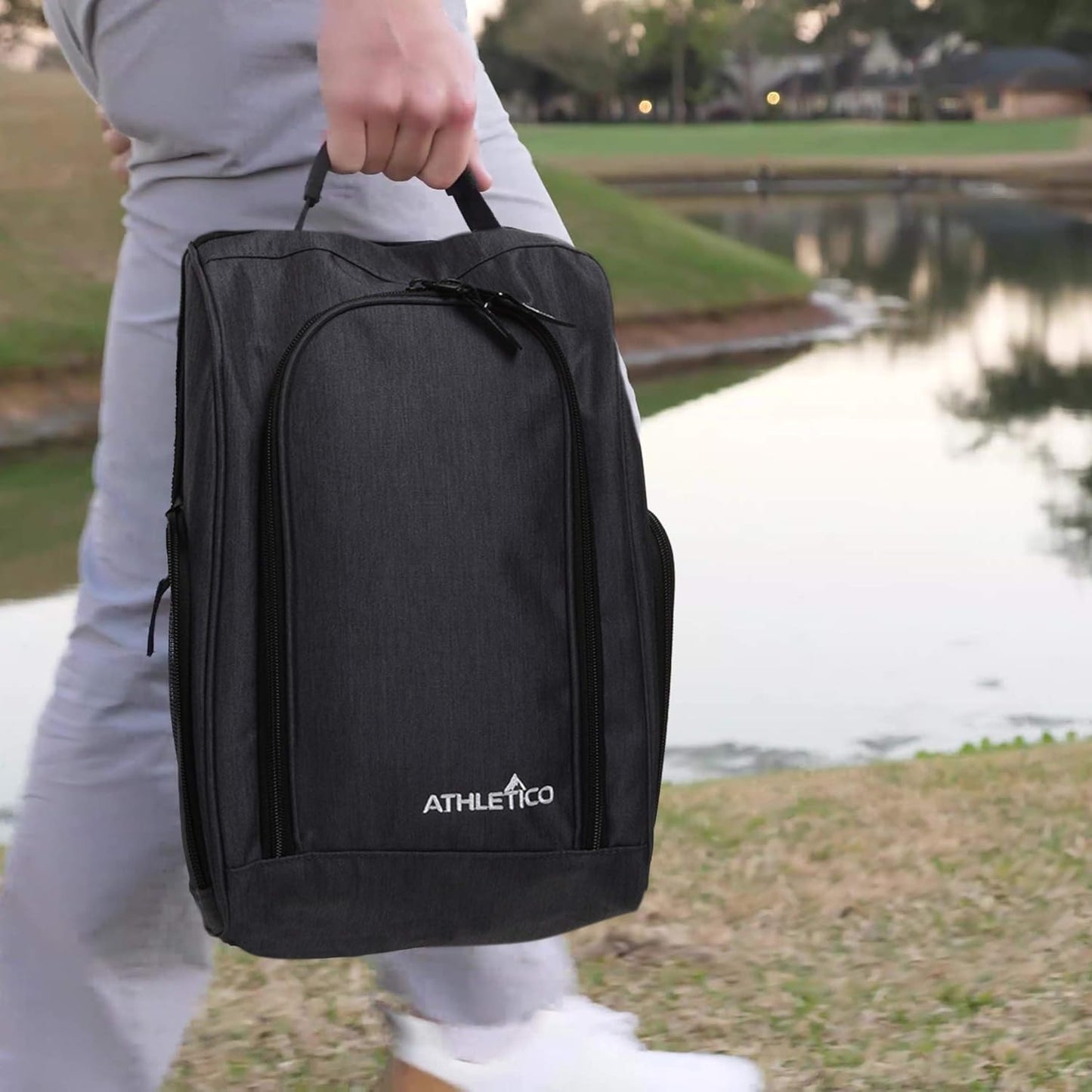 Athletico Golf Shoe Bag - Zippered Shoe Carrier Bags With Ventilation & Outside Pocket for Socks, Tees, etc. (Gray)