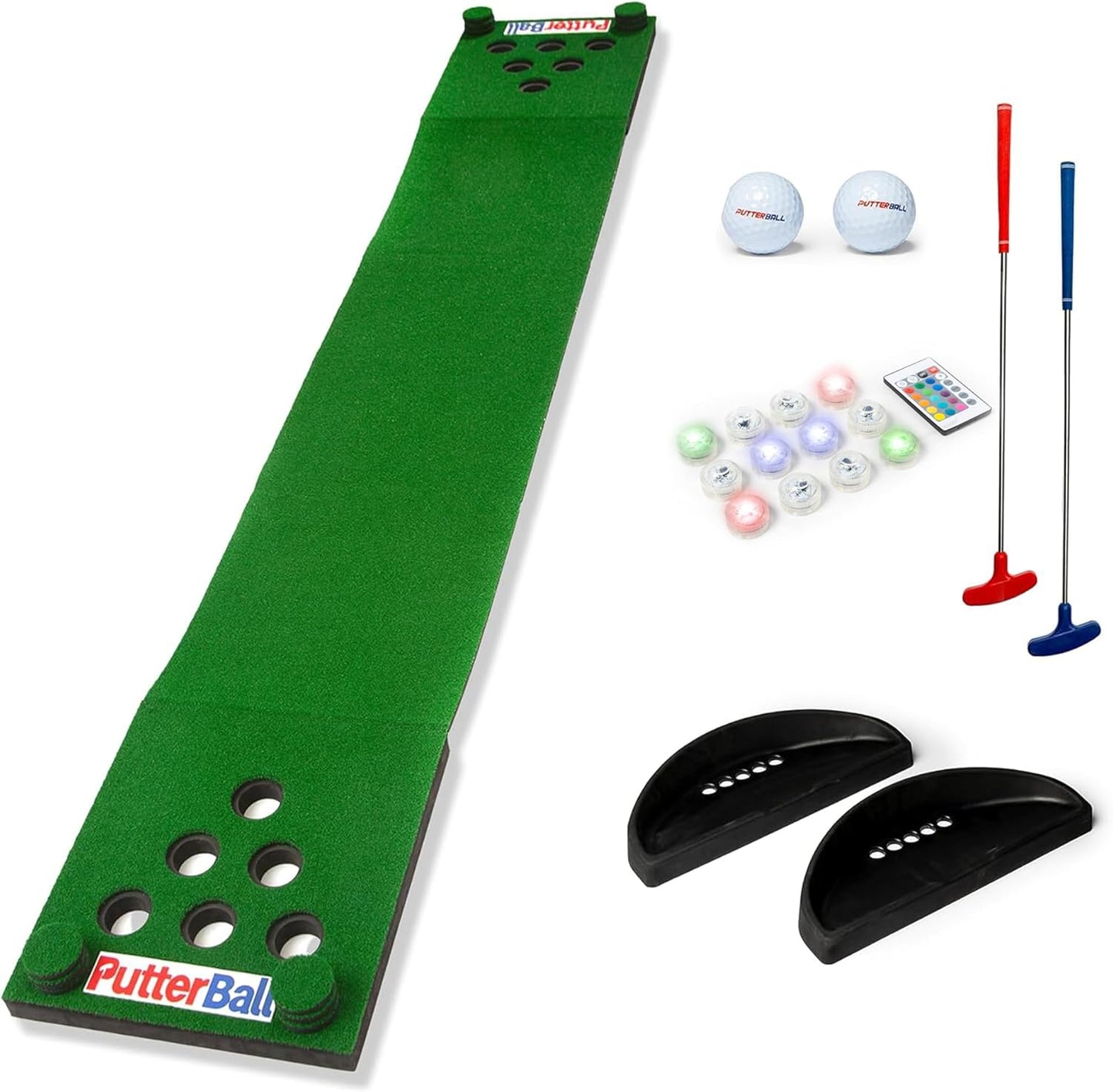 PutterBall Original Golf Putting Game Set – Backyard 12 ft Putting Green Pong Style Golf Mat with 2 Putters, 2 Balls & Hole Covers (PutterBall Original)