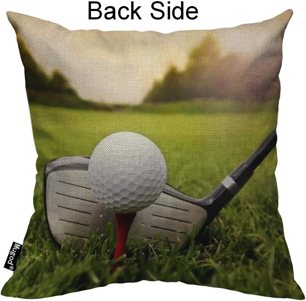 Mugod Play Golf Throw Pillow Golfball Golf Club on Grassland Red White Black Green Cotton Linen Square Cushion Cover Standard Pillowcase 18x18 Inch for Home Decorative Bedroom/Living Room/Car