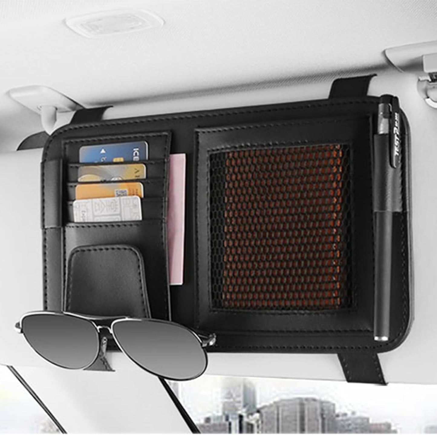 Classic Elegant Modern Car Sun Visor Organizer, Sunglasses Holder, Cards Sleeve Pockets, Car Registration License Holder, Driving License, Insurance, Cards, Pen, Key