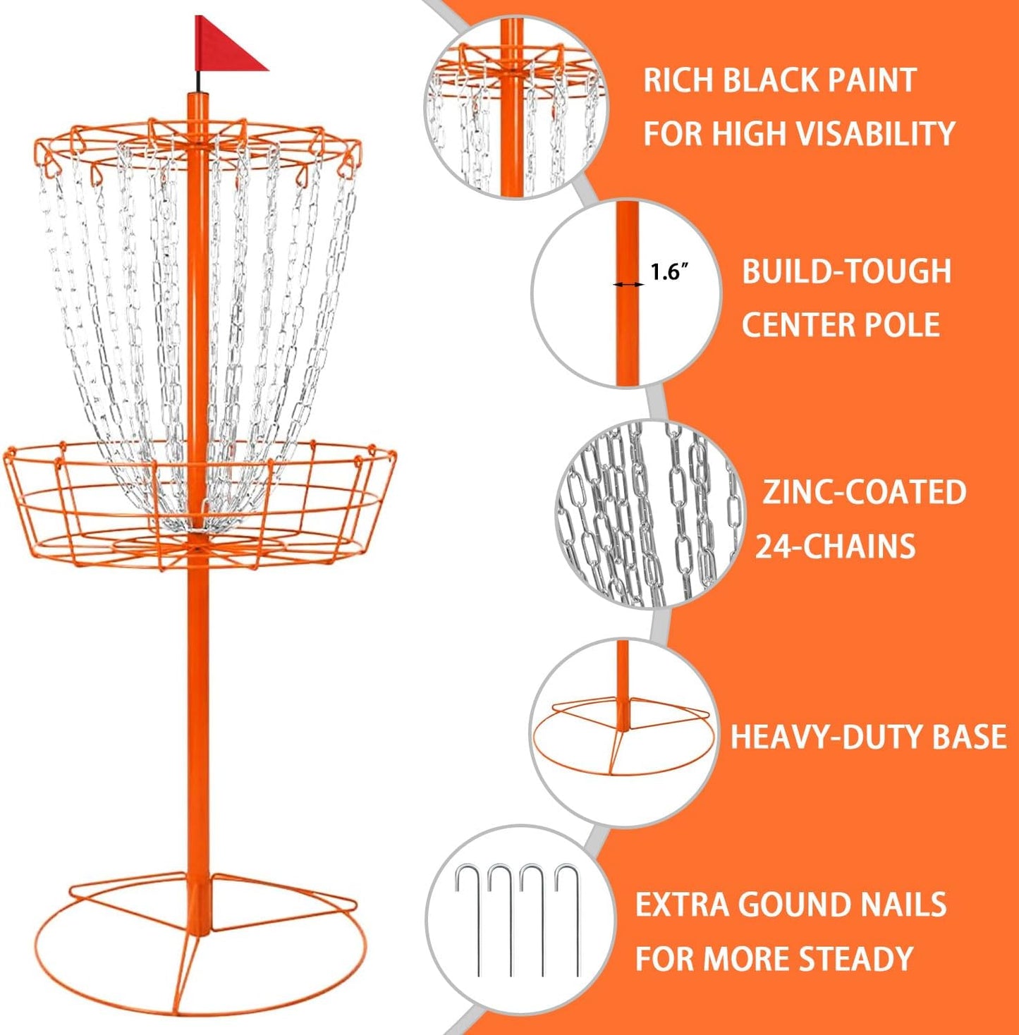 Disc Golf Basket - Portable Disc Golf Target with Heavy Duty 24-Chains Come with 6pcs Disc Golf Discs and Carry Bag, Ground Stake -Suitable for Players of All Levels - Multi Color Available