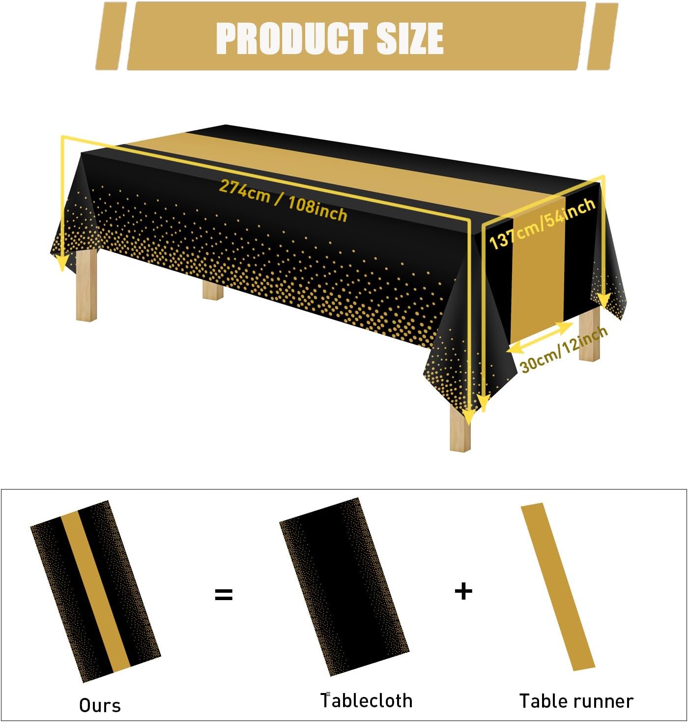 16 Pack 2in1 Disposable Plastic Tablecloths 54" x 108" Black and Gold Dot Kitchen Table Cloth Rectangle Table Cover for Wedding Birthday Baby Shower Anniversary Christmas New Year Graduation