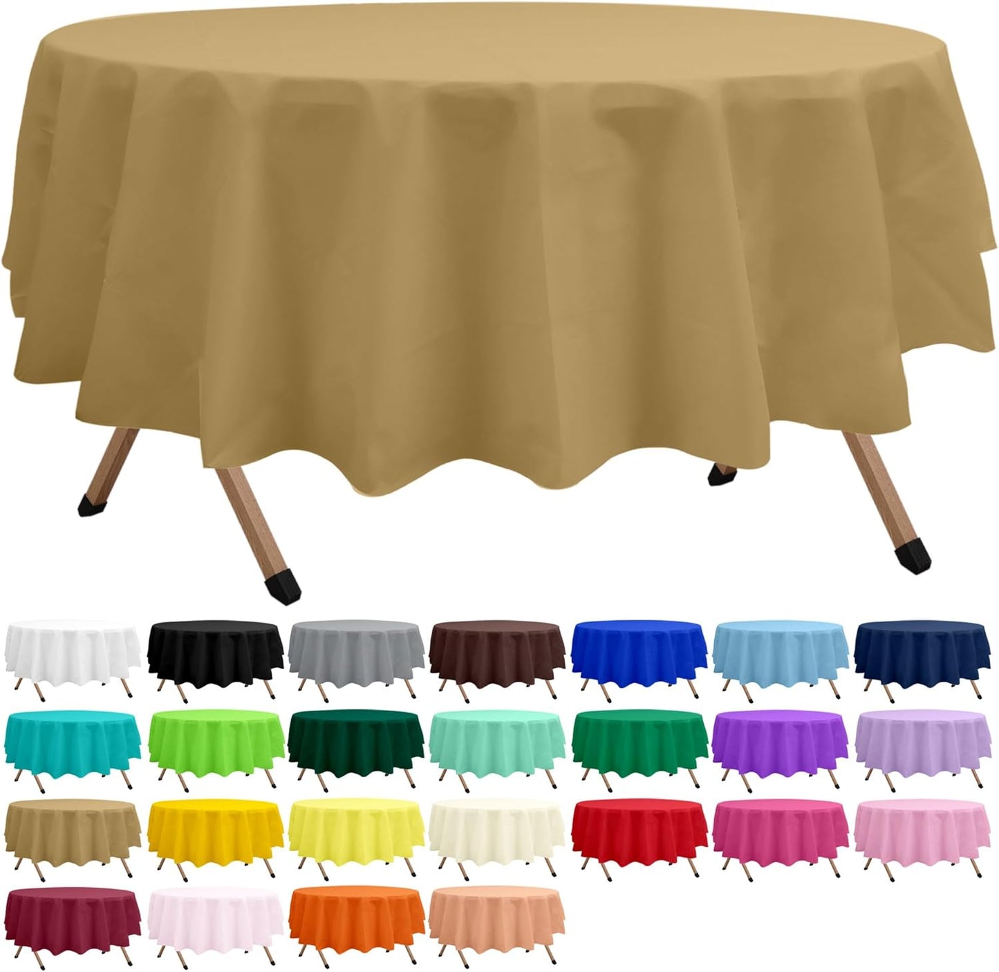 2 Pack Gold Premium Plastic Tablecloth Round 84 Inches Reusable Shinning Harvest Gold Decorative Table Cover for Dining, Wedding, Party, Indoor and Outdoor use