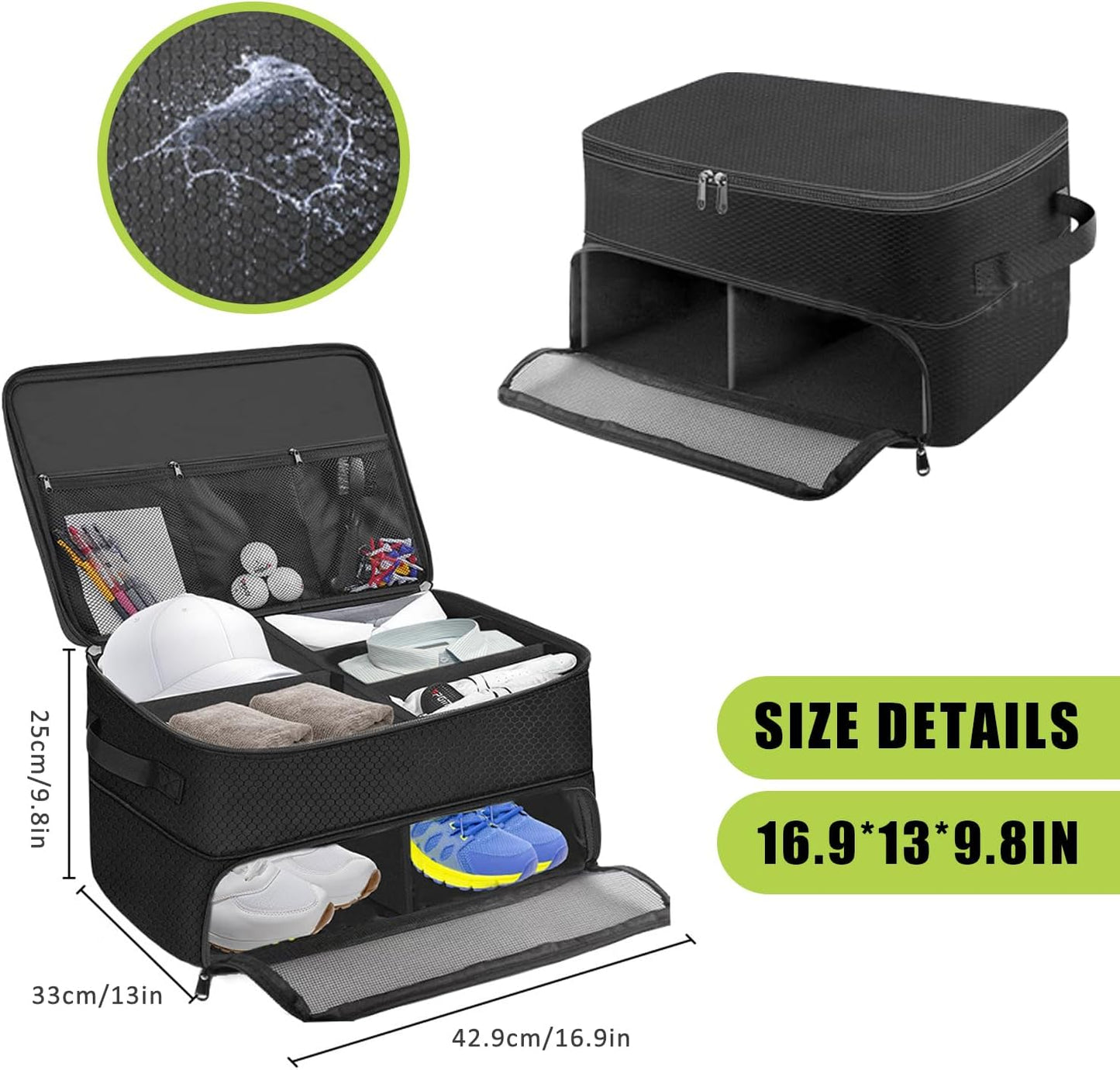 Golf Trunk Organizer, 2 Layer Golf Storage Bag, Waterproof Car Golfer Organizers with Ventilation Compartment for 2 Pairs Shoes, Balls, Clothes, Tees, Gloves, Accessories, Gifts for Men Women