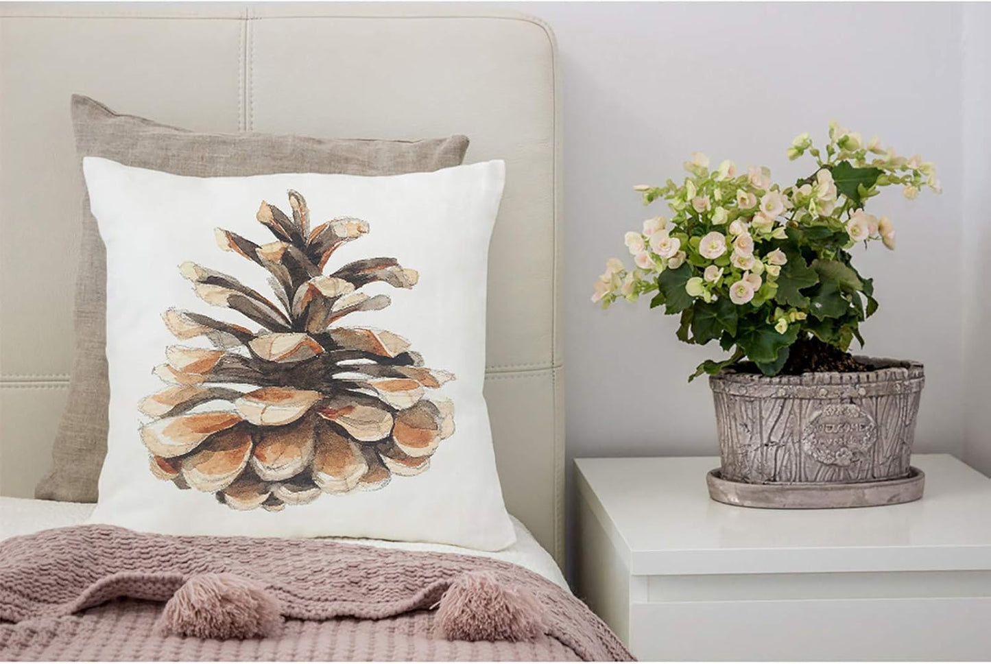 Throw Pillow Covers Brown Pine-Cone Watercolor Pine Cone for Botanical Painting Green Hand Cotton Linen Decorative Square Pillowcases Cushion Cover 18 X 18 Inch