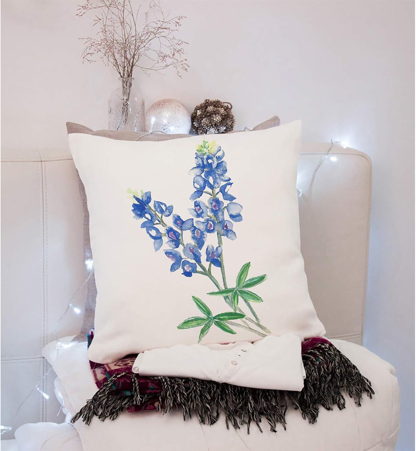Throw Pillow Covers Blue Texas Watercolor Bluebonnet Cotton Linen Decorative Square Pillowcases Cushion Cover 18 X 18 Inch