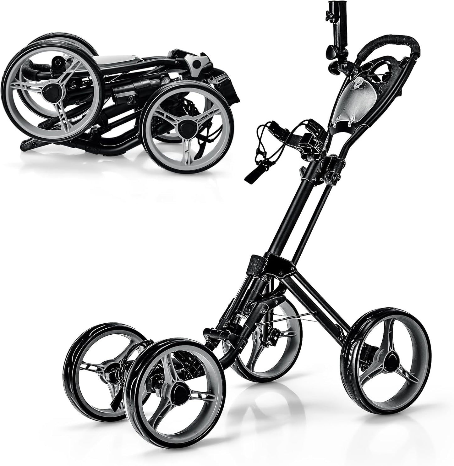 ULTIMATE 4 Wheel Golf Push Cart, Folding Golf Walking Cart w/Elastic Straps, Umbrella&Cup Holder, Scoreboard Storage, Lightweight Golf Trolley Cart w/Height Adjustable Handle&Foot Brake