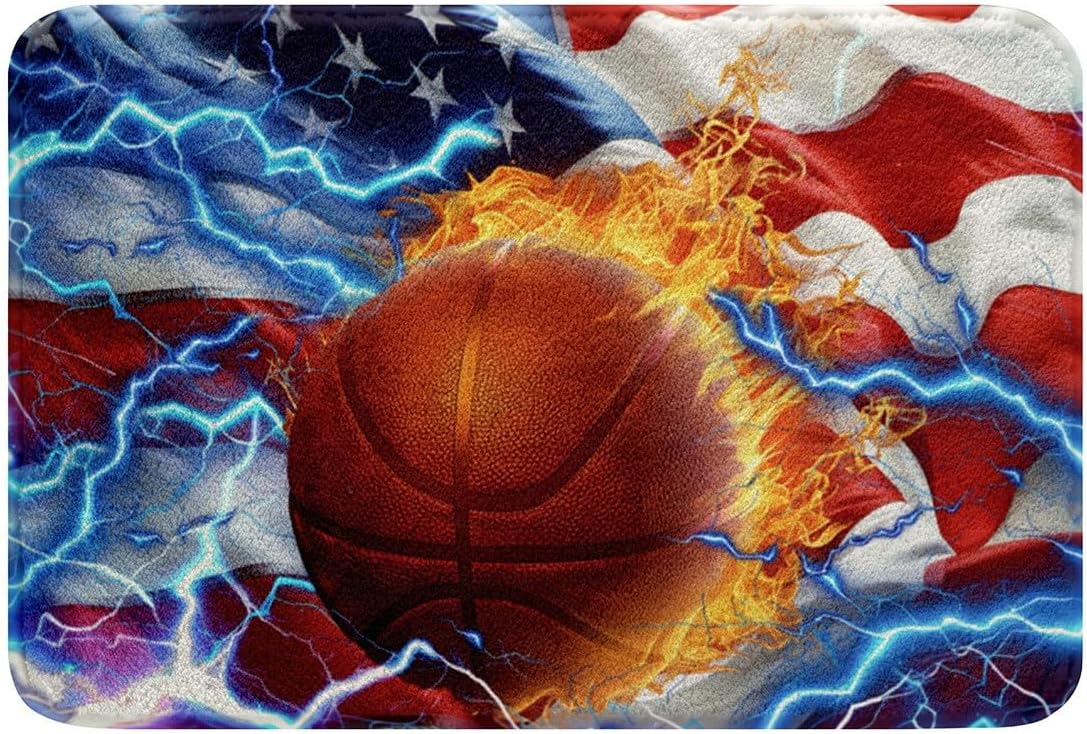 Feelyou 3D Basketball Soft Fleece Door Carpet Retro USA Flag Polyester Bath Rug for Kids Boys Girls Ball Games Sports Non Slip Bath Mat American Flag Bathroom Floor Indoor Doormat,16x24 Inch