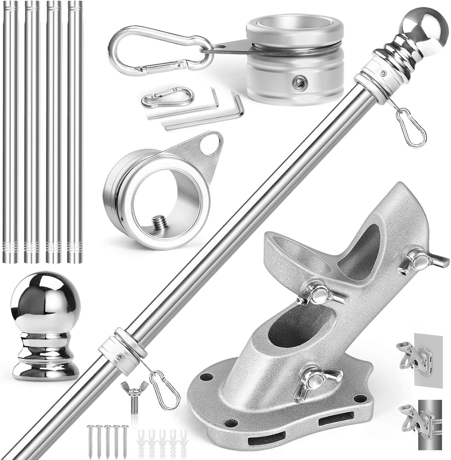 Anovo Flag Pole Kit- Stainless Steel 5 FT Flag Poles with1 Inch Metal 360° Rotating Flag Pole Rings Clip, Two-Position Flag Pole Holder Brackets Mounting for Outside House Outdoor Porch(5 FT - Sliver)