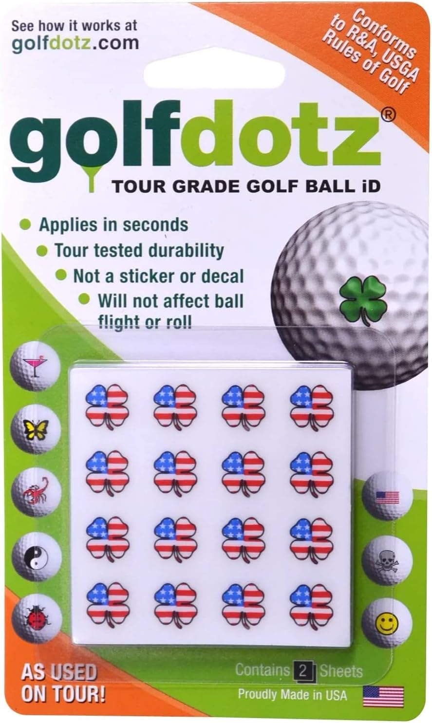 Golfdotz - USGA Rule Conforming Novelty Golf Ball Markers, Golf Ball Stickers for Marking Balls, No More Smearing from Stamps, Gifts for Golfers, Dads, and Retirees, (USA Collection; 32-Count)