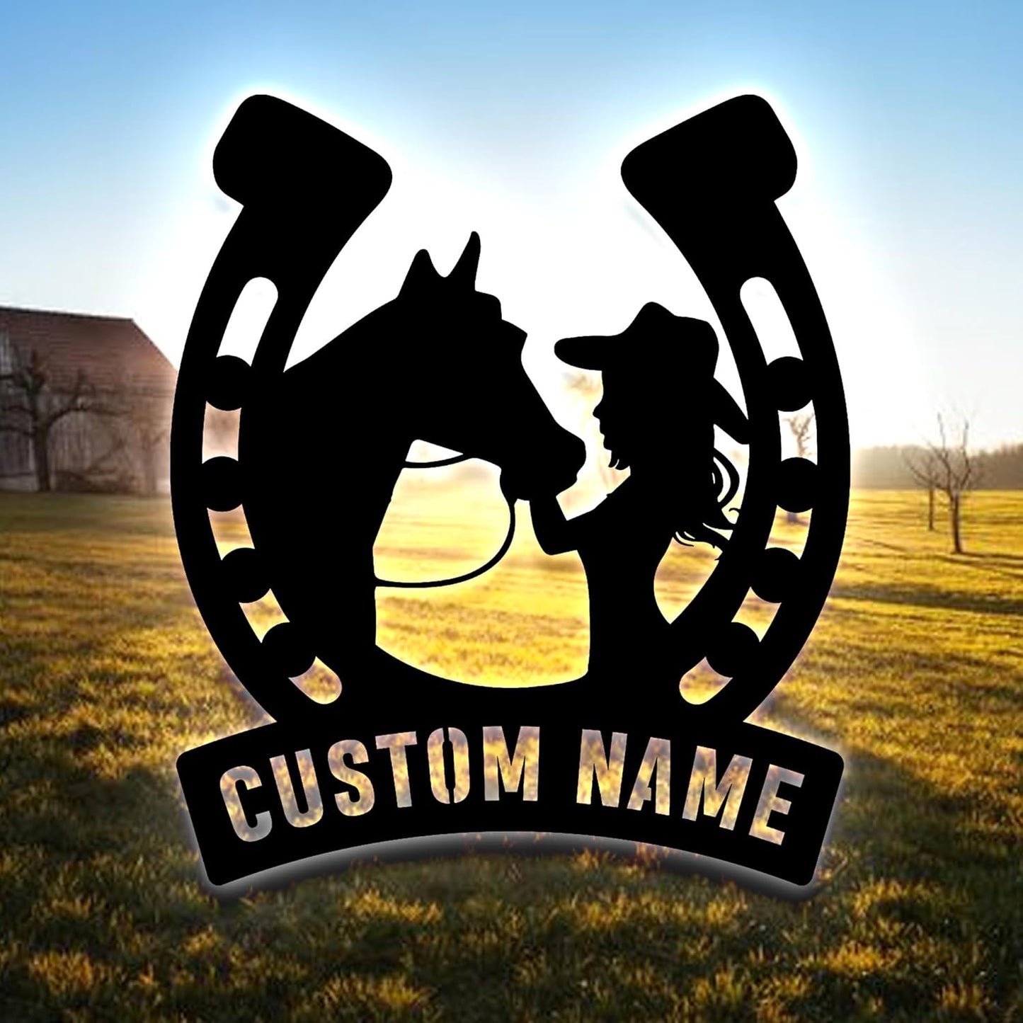 Custom Girl Kissing Horse Metal Wall Art With LED Light, Personalized Cowgirl Name Sign, Outside Wall Hanging, Home Decor, Birthday Gift, Christmas Gift