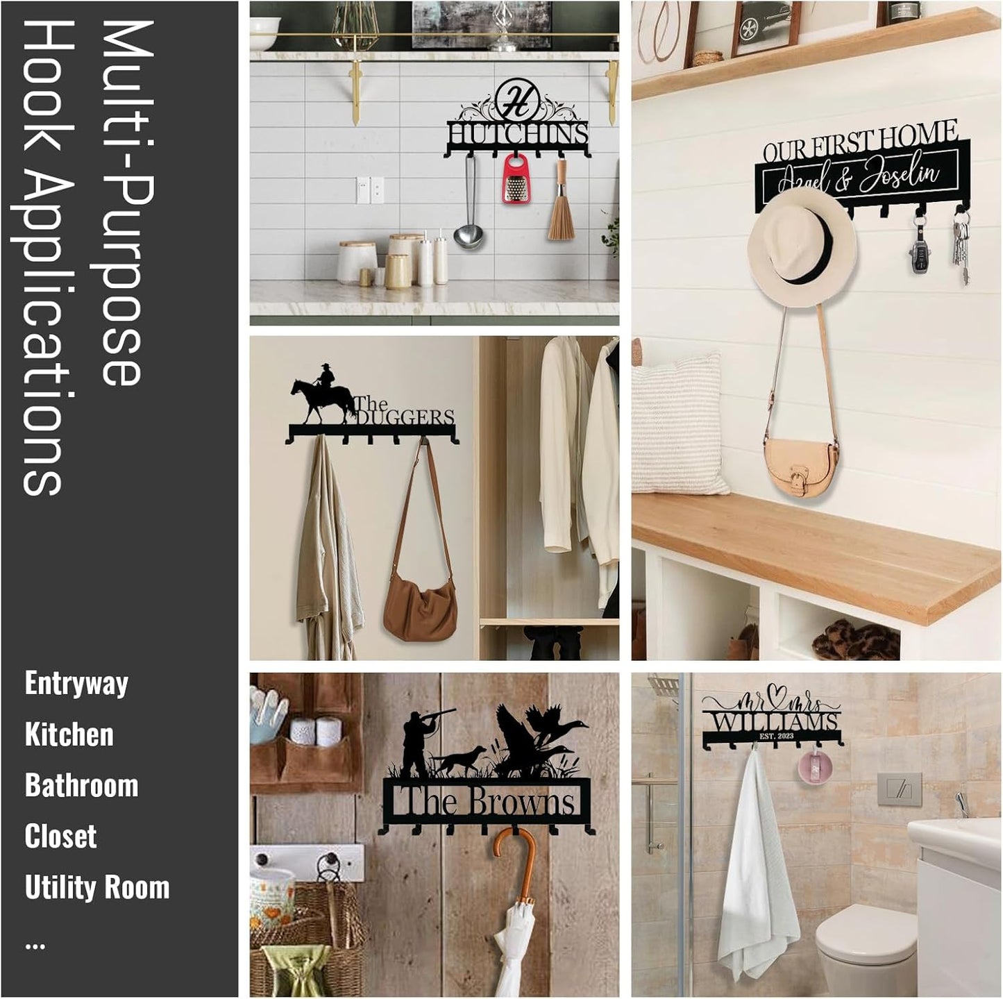 NIWAHO Personalized Family Name Metal Wall Sign with Hooks – Rustic Deer Antler Key Holder Wall Mount Customized Name for Entryway, Mudroom, Kitchen, or Bathroom Decor