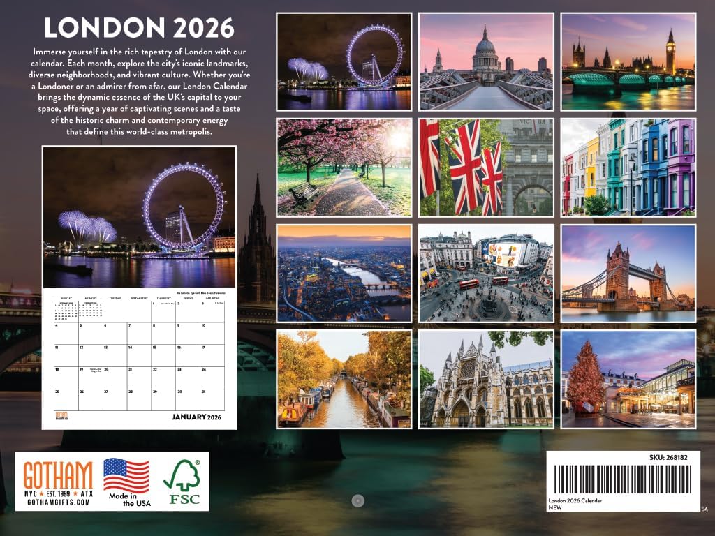 London Calendar 2026 England Monthly Wall Calender 12 Month | American Made In The USA