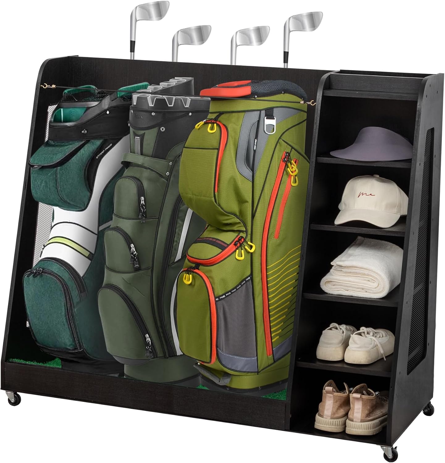 Wooden Golf Bag Organizer Garage Large Golf Bag Storage Rack Stand with Wheels Fits 3 Golf Bags, Golf Clubs and Other Golfing Equipment Accessories Golf Bag Holder for Garage, Club, Shed Basement