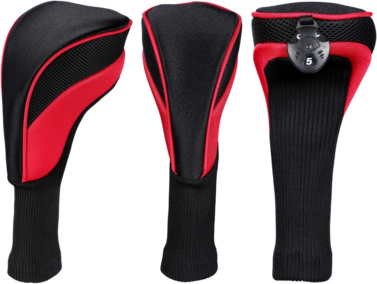 Black Golf Club Head Cover for Driver Fairway 3 Pcs Woods Headcovers, Golf Accessories Hybrid Head Covers Set with Interchangeable Tags 3 4 5 7 X