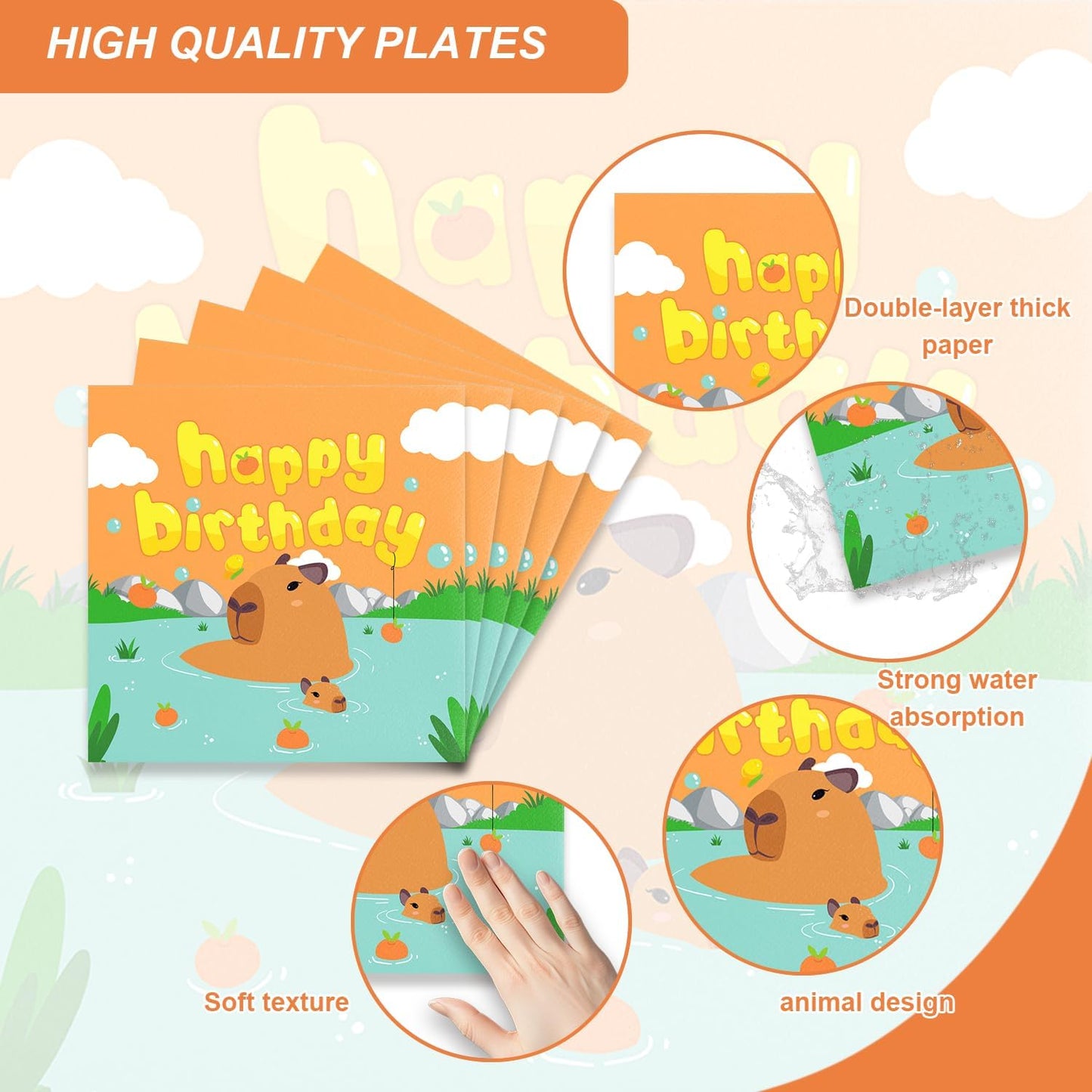 48Pcs Capybara Birthday Decorations Cartoon Capy Theme Baby Shower Plates and Napkins Forks Serves 16 Guests Capybara Birthday Party Decorations