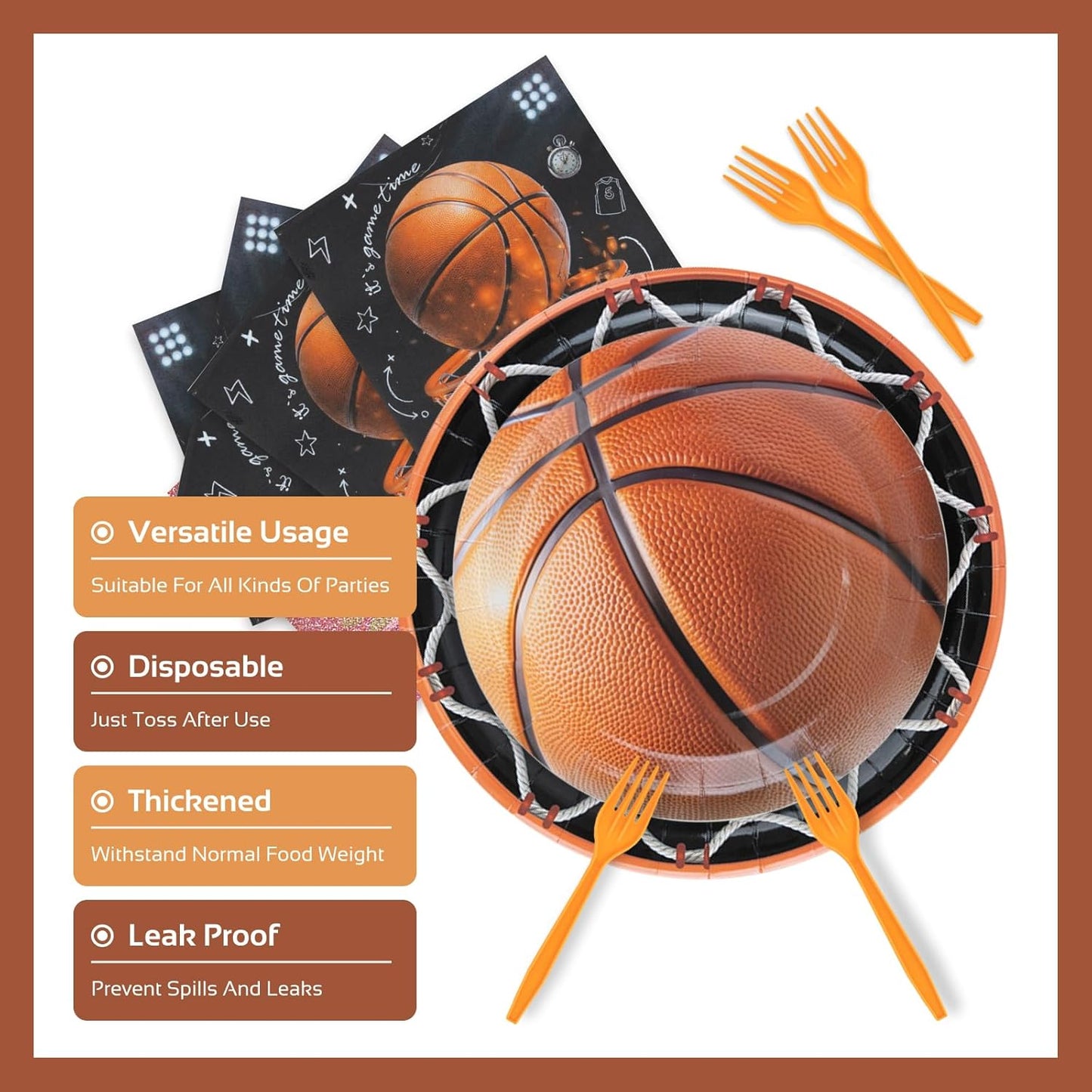 96Pcs Basketball Party Decorations | Serve 24 - Basketball Theme Birthday Party Tableware Set Includes Plates, Forks, Napkins, Supplies for Kids Boys Sport Party Decor