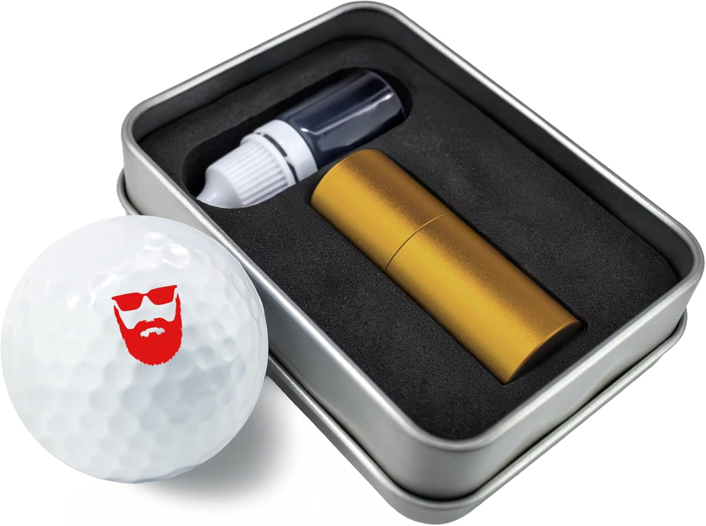 Golf Ball Marker Stamp with TiteSeal™ Technology - Beard - Metallic Box with Golf Ball Stamp + Refill Ink Bottle - Red