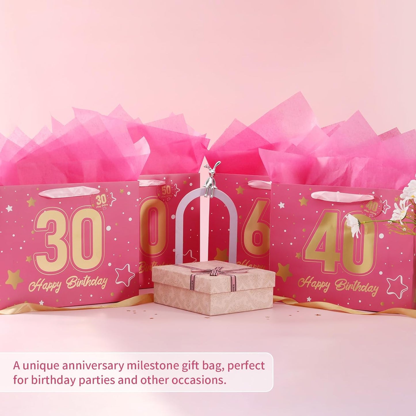 Powbrace 13" Pink Happy Birthday Gift Bag with Tissue Paper and Greeting Card for Party,Happy Birthday Gift Bag for Men Women,Gift Bags Medium size(1 Pink 60th)