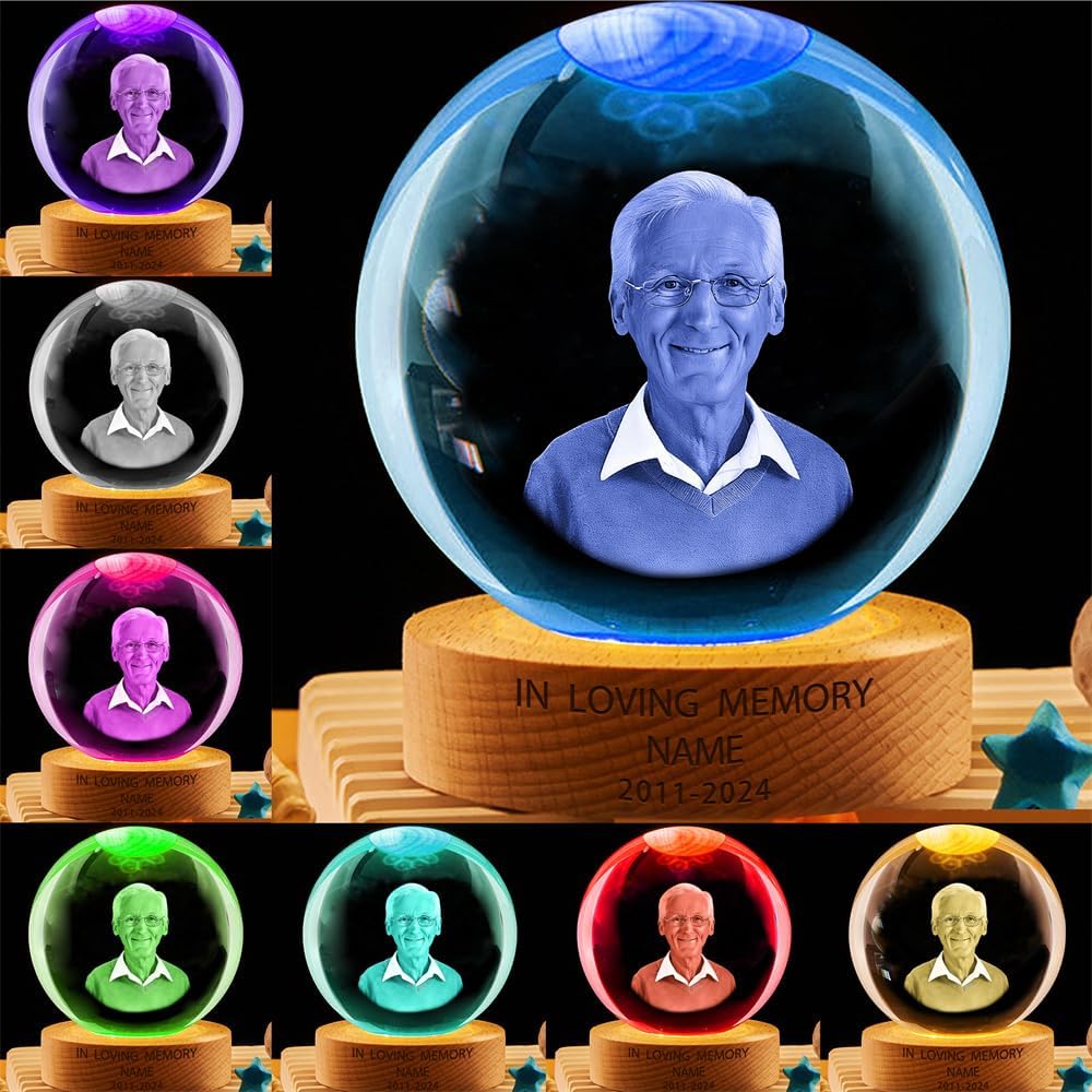 Personalized Dad Papa Grandpa photo Memorial Crystal Globe Night Light Gift for Women, Custom photo picture Grandpa 3D Memorial Crystal Ball Lamp for Bedroom Room Decor,Sympathy Gift of Remembrance