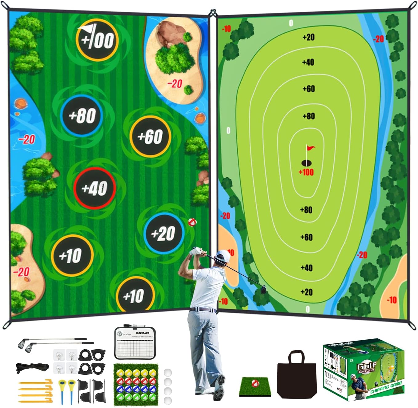 Golf Chipping Game Mat Double Sided,54 pcs Golf Game Set with 6×5 FT Golf Practice Mat,Outdoor Indoor Hitting Games for Adults & Kids,Home Backyard Garage Game, for Family Gatherings