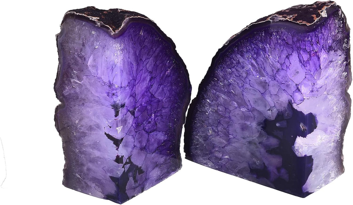 AMOYSTONE Agate Bookends Purple Decorative Stone Book Holders for Hardback Book or Cookbooks, Unique Stone Book Stoppers Bookends 4-5 LBS with Rubber Bumpers, Home Office Decor