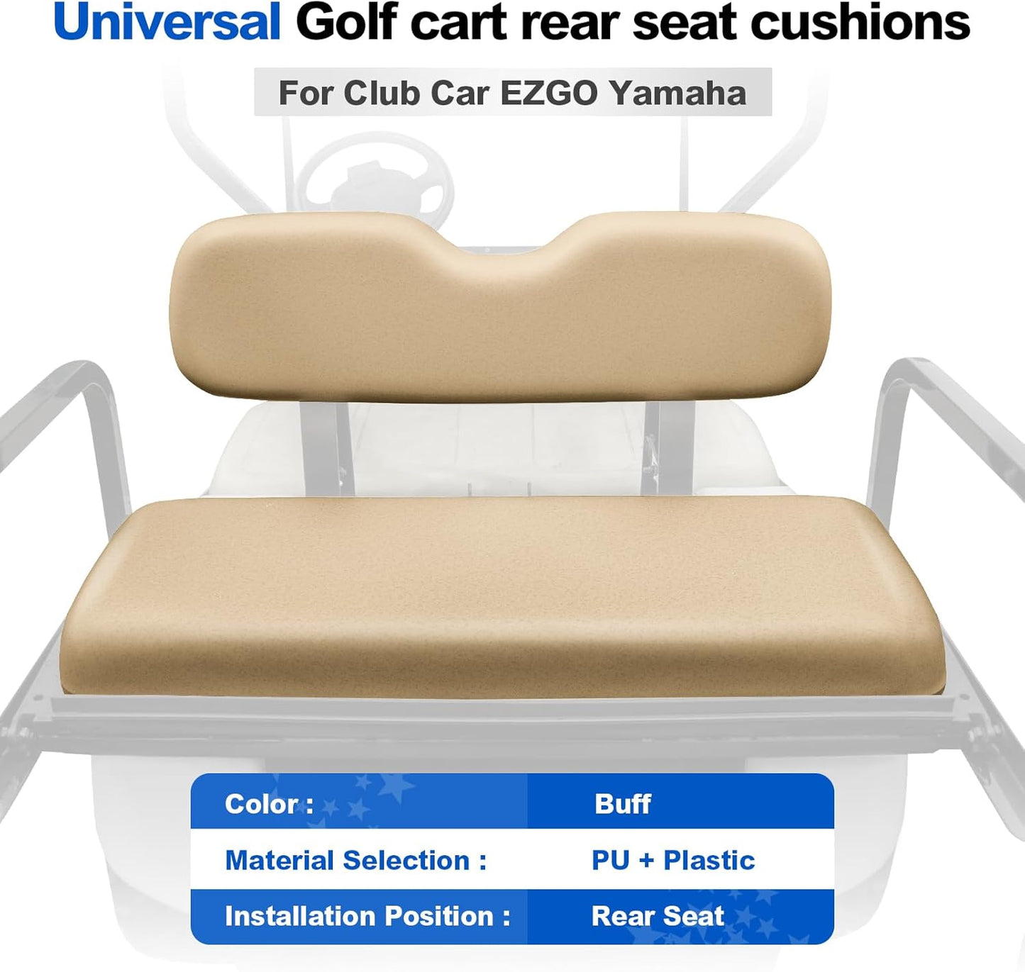 NOKINS Golf Cart Rear Seat Replacement Cushion, Universal Back Seat Cushions for Yamaha/EZGO TXT/RXV/Club Car Precedent/DS, Waterproof Vinyl Leather & Memory Foam, Buff