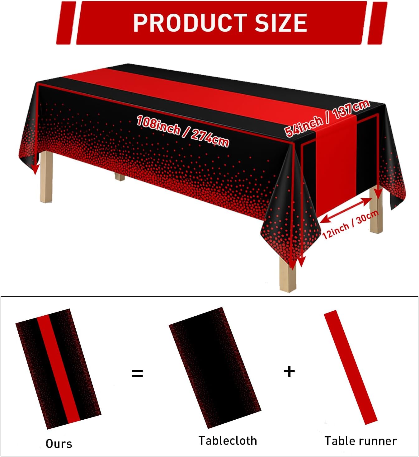 2in1 Disposable Plastic Tablecloths 54" x 108" Black and Red Dot Kitchen Table Cloth Rectangle Table Cover for Wedding Birthday Baby Shower Anniversary Christmas Graduation (Black/Red, 16 Pack)