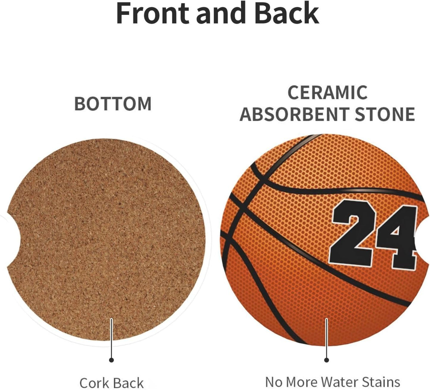 Car Cup Holder Coasters, Basketball No 24 Car Coasters for Cup Holder Drinks, 2 Pack Ceramic Cute Auto Interior Accessories for Women Men