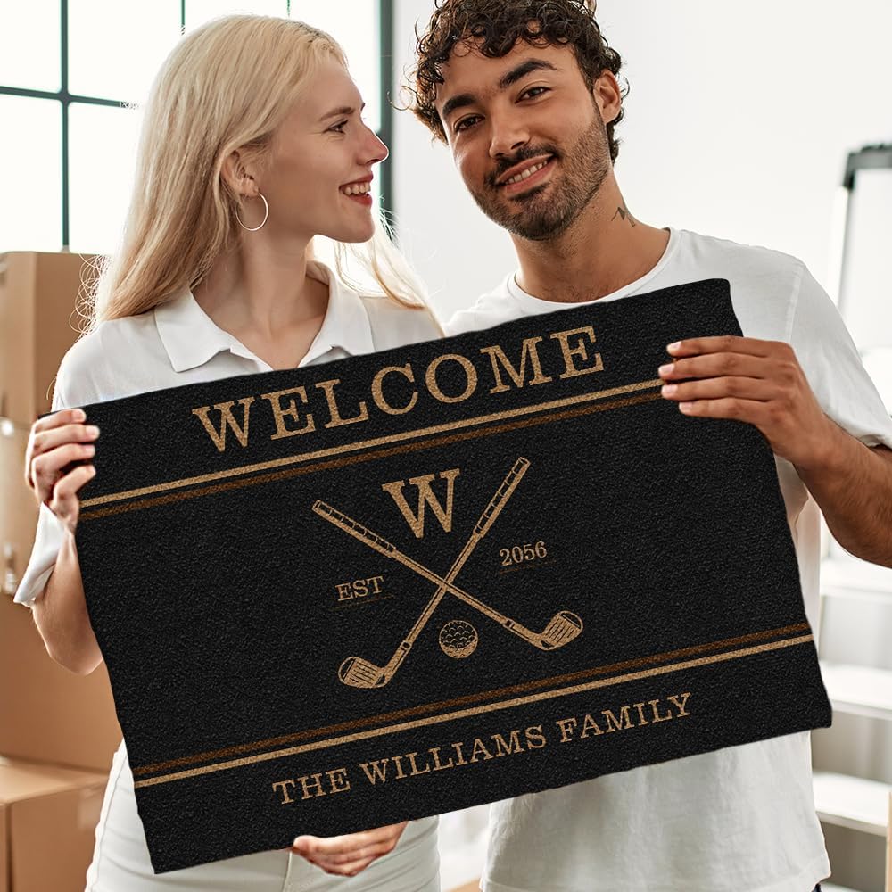 Personalized Golf Doormat – Personalized Welcome Mat with Family Name Year – Non Slip Outdoor Entry Rug for Porch, Garage, or Golf Lover Home Decor, for Men (Golf Doormat 04)