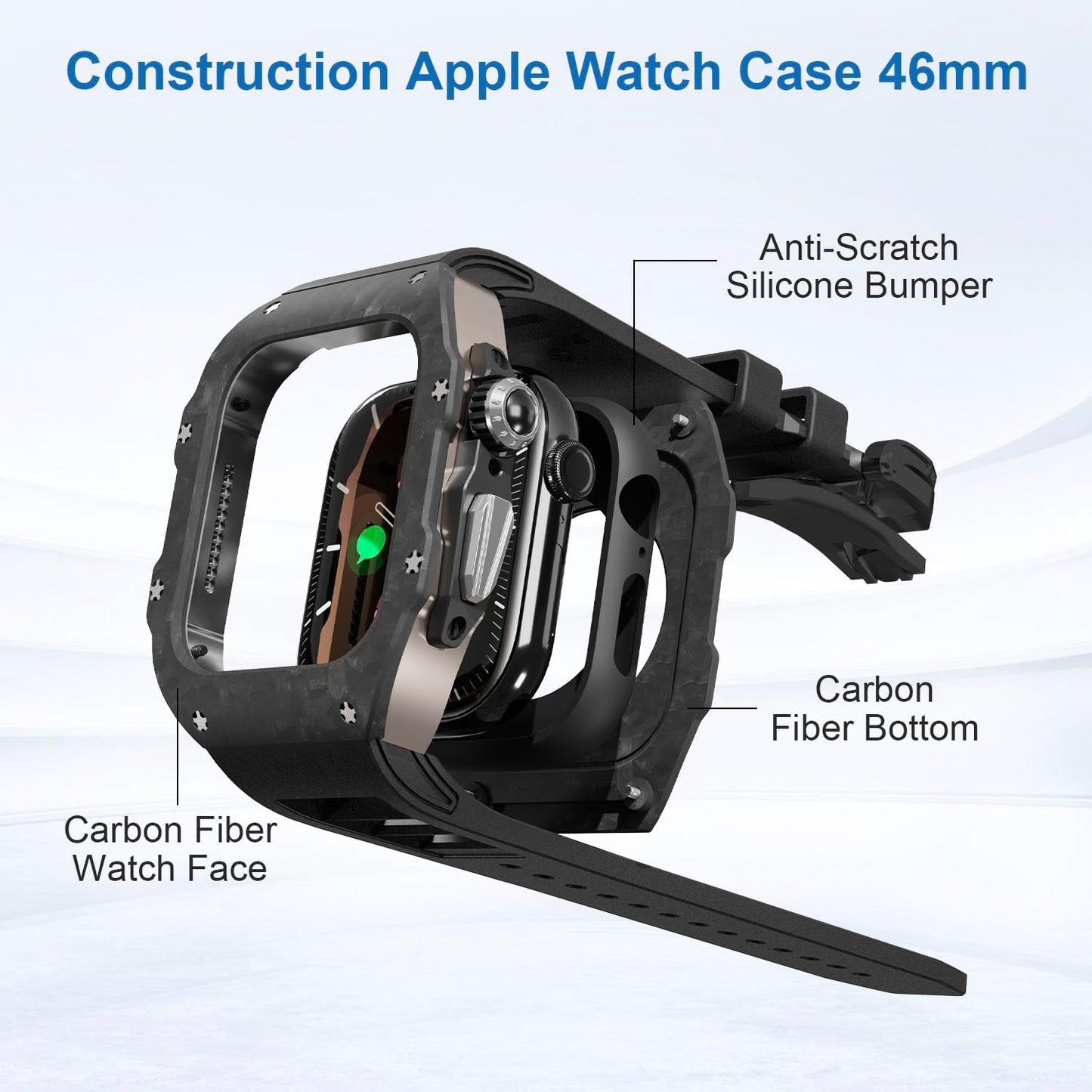Luxury Carbon Fiber Case with FKM Band Compatible for Apple Watch 11/10 46mm, Rugged Military Protective Cover Heavy Duty Tactical Protection for Men iWatch