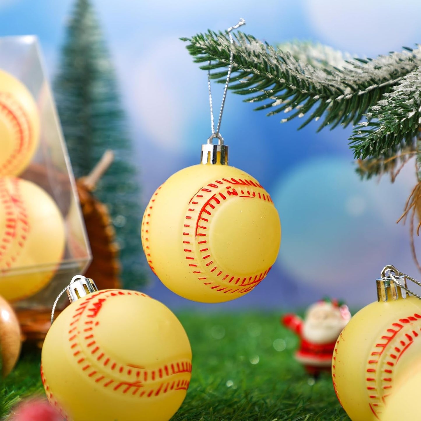 Leitee 18 Pcs Christmas Plastic Softball 2.36 Inch Xmas Tree Ornaments with Hanging Loop Sports Theme Decorative Hanging Ornaments for Holiday Party Christmas Tree Home