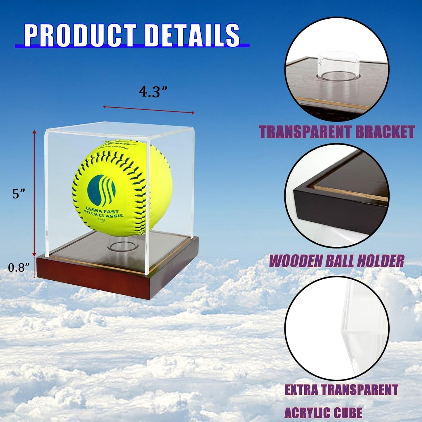 Softball Display Case,Clear Acrylic Ball Display Holder for 12 inch Softball,UV Protected Cube with Wood Base Stand for Tennis Ball Baseball Golf Ball,Championship Sport Collection Box Showcase