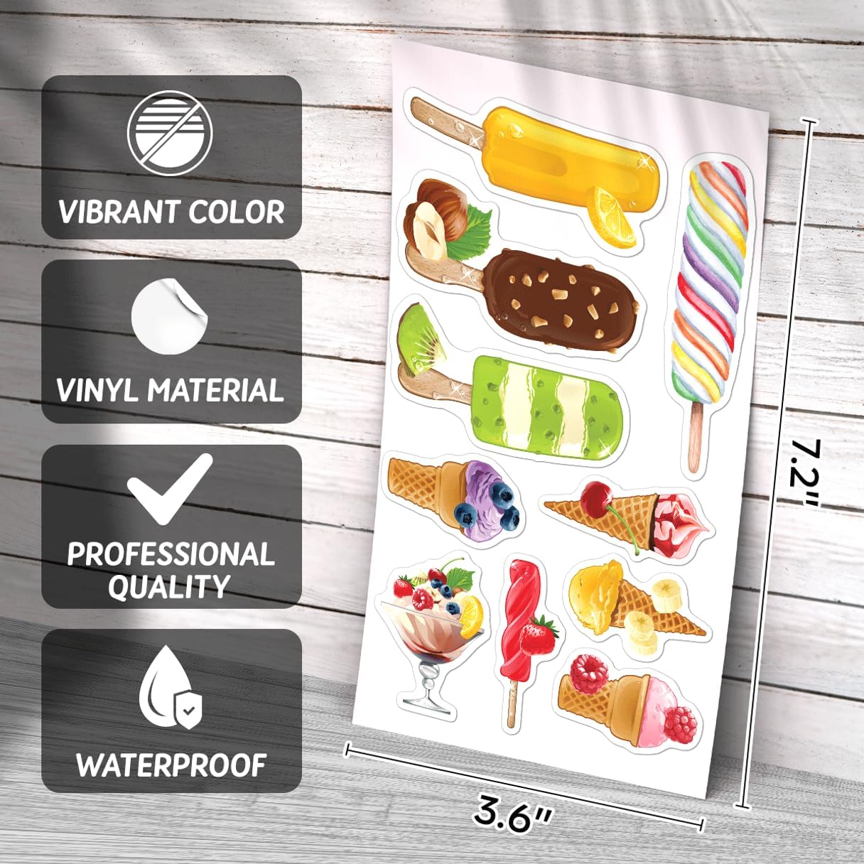Colorful Ice Cream Popsicle Treats Illustration Vinyl 50pcs Stickers Pack for Kids Teens Scrapbooking Laptop Water Bottle Journaling Wall Decoration Phone Case Bike