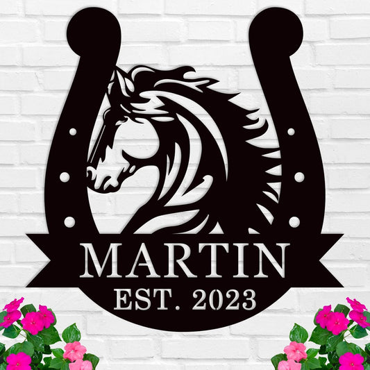 Personalized Horse Head Metal Sign，Horse Head Horseshoe Monogram Sign，Last Name Sign Equestrian Horse Lover Gift Horseshoe Living Room Decor