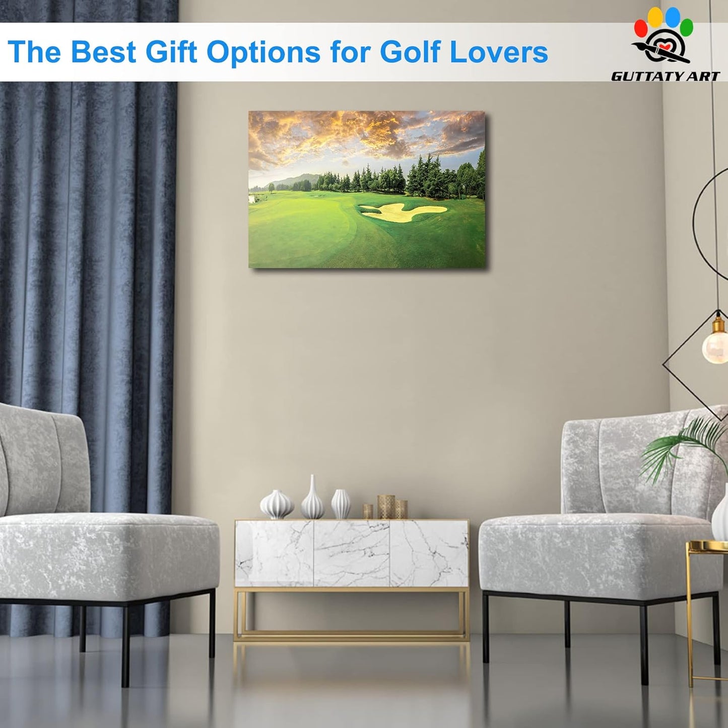Golf Canvas Wall Art, Green Golf Course Wall Art Painting Prints for Living Room Wall Decor, Sunset Golf Sport Poster Picture for Bedroom Decor, Framed Artwork for Office Home Decoration 12x18 Inches
